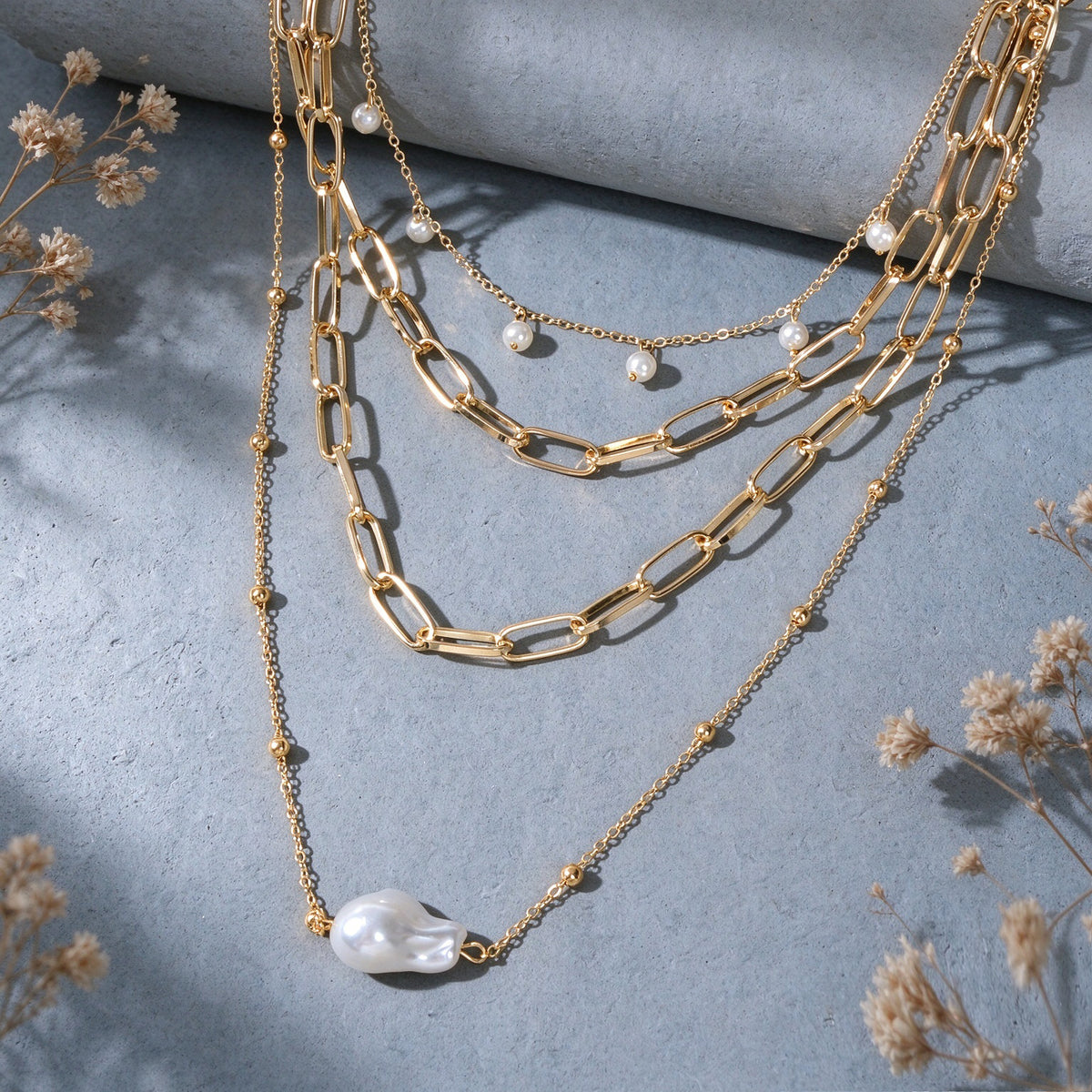Trendy Multi Layered Gold Chain Irregular Baroque Imitation Pearl Charm Necklace