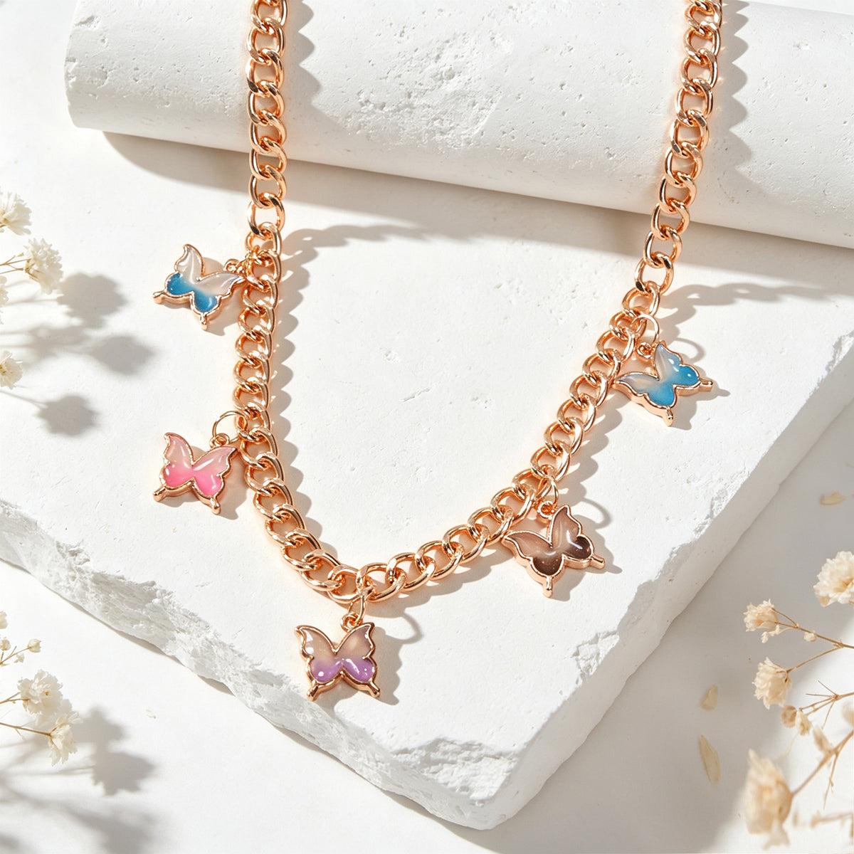 Y2K Gold Cuban Chain Colorful Butterfly Pendant Necklace Cool Statement Jewelry