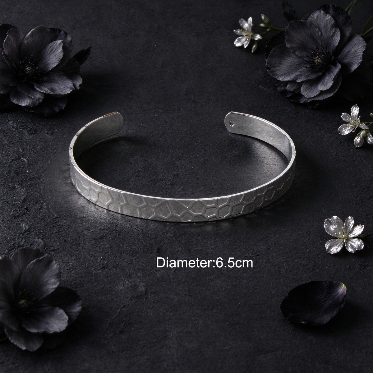 Punk Silver Geometric Hammered Texture Open Cuff Bangle Simple Trendy Jewellery