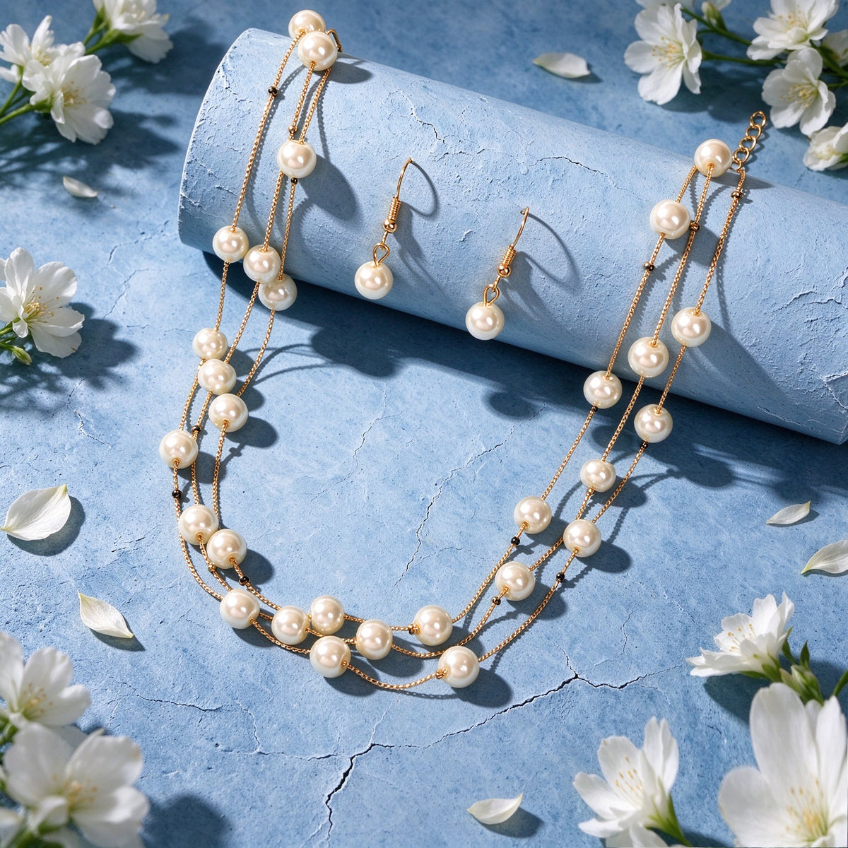 Wedding Party Set Layered Gold Chain Imitation Pearl Necklace Bracelet Earrings