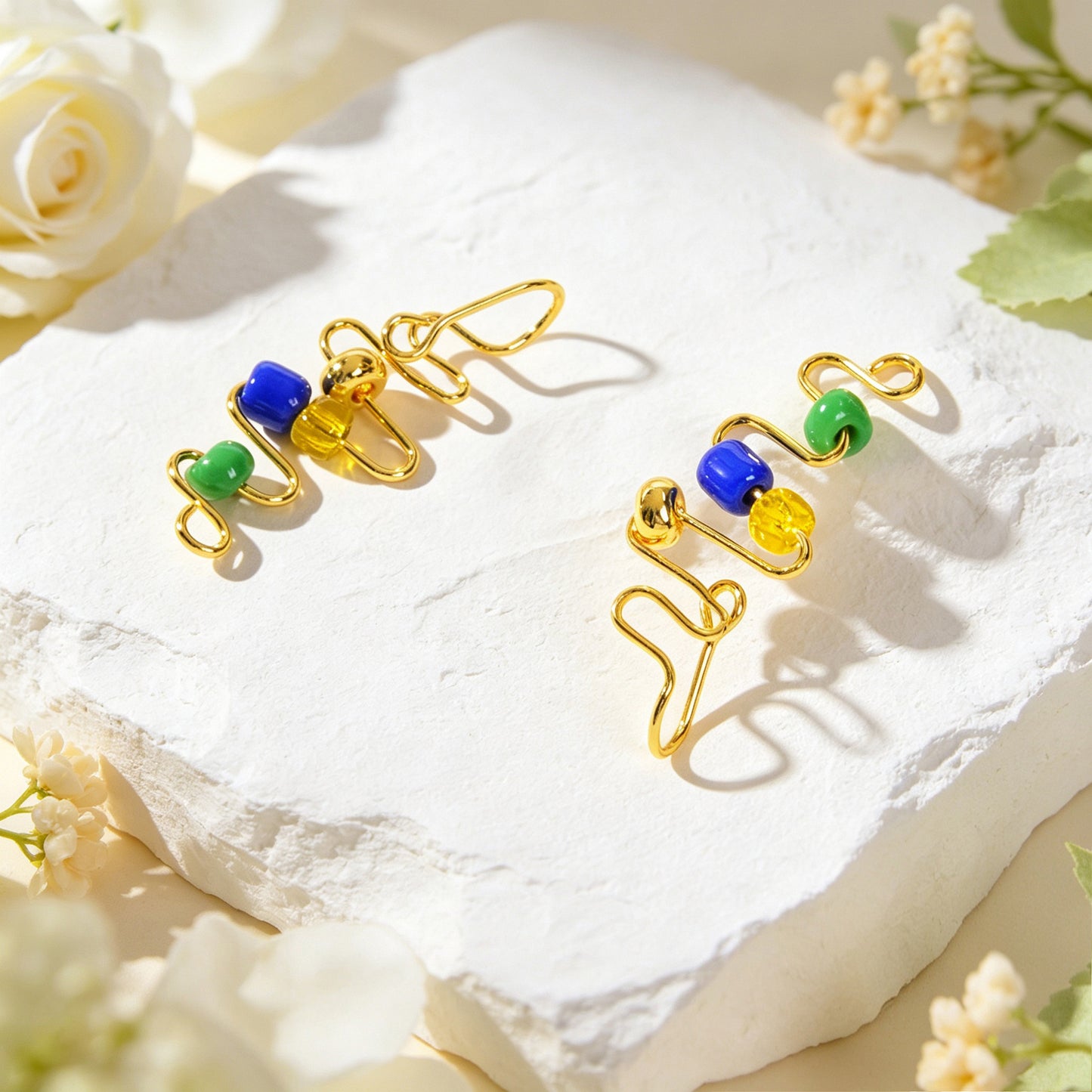 2pcs Wavy Gold Ear Cuff No Piercing Summer Rainbow Bead Ear Wrap Clip On Earring