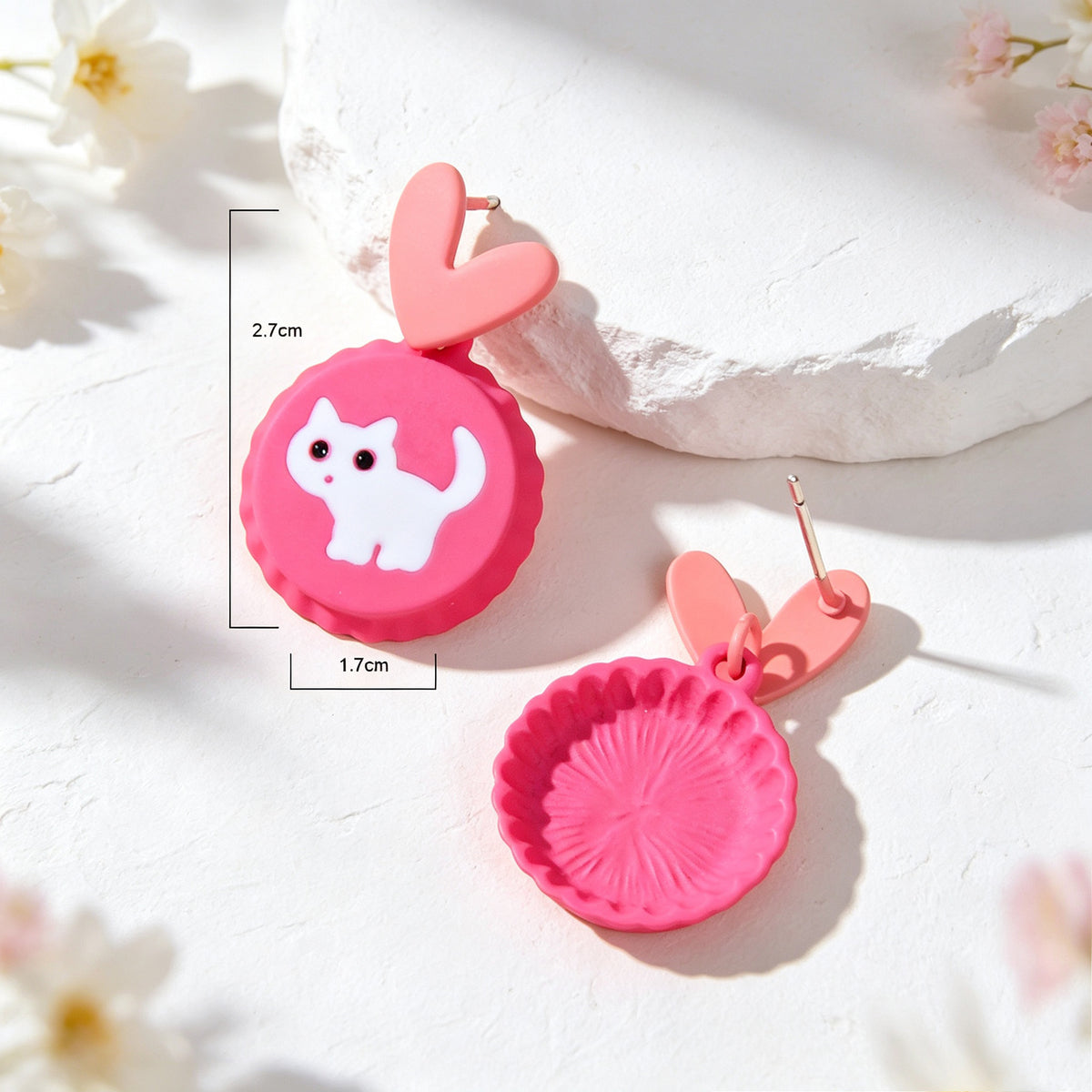 Cute Hotpink Heart Cartoon White Cat Drop Earrings Sweet Lovely Jewellery Gift