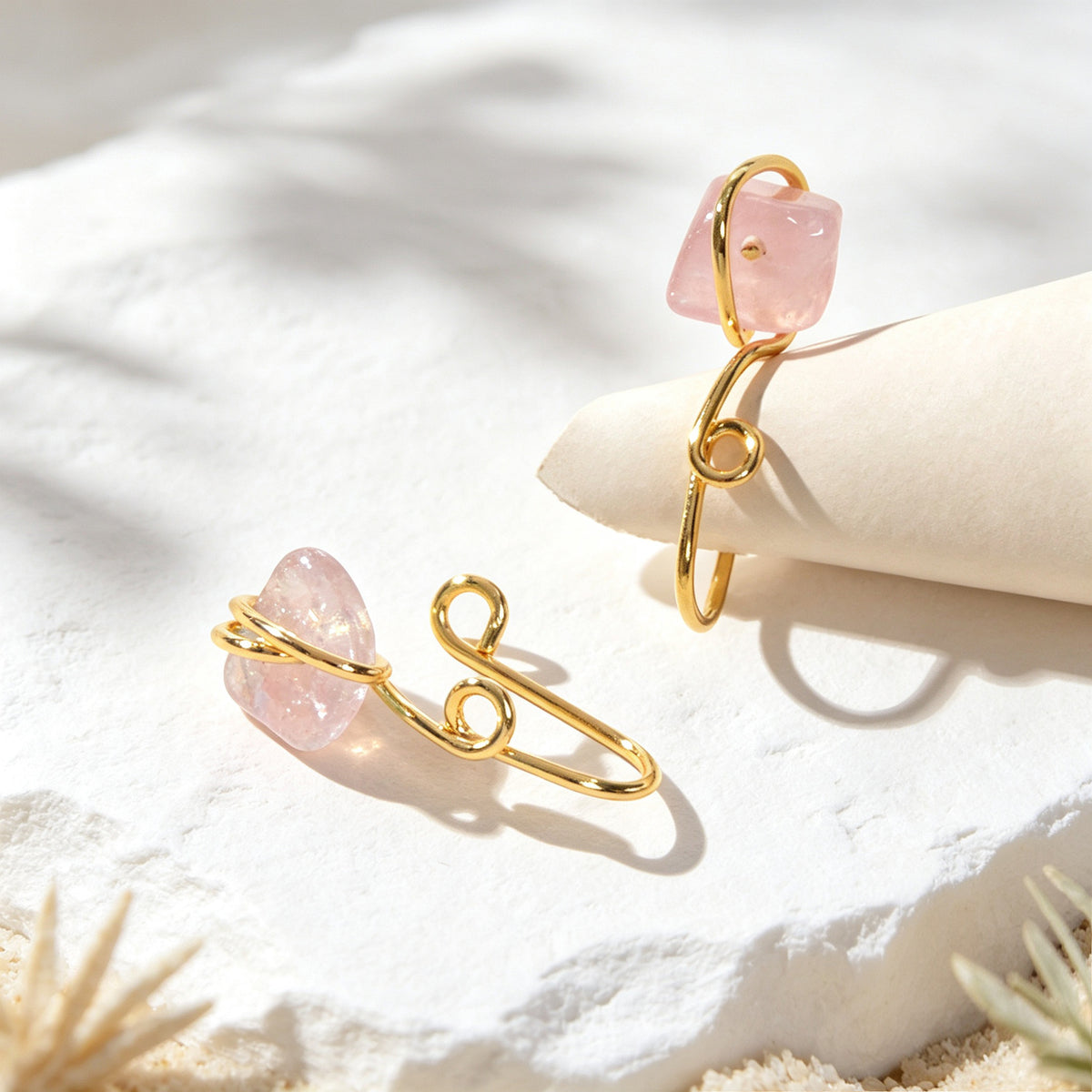2pcs Boho Pink Stone Clip‑On Ear Cuffs Gold No Piercing Earrings Simple Jewelry