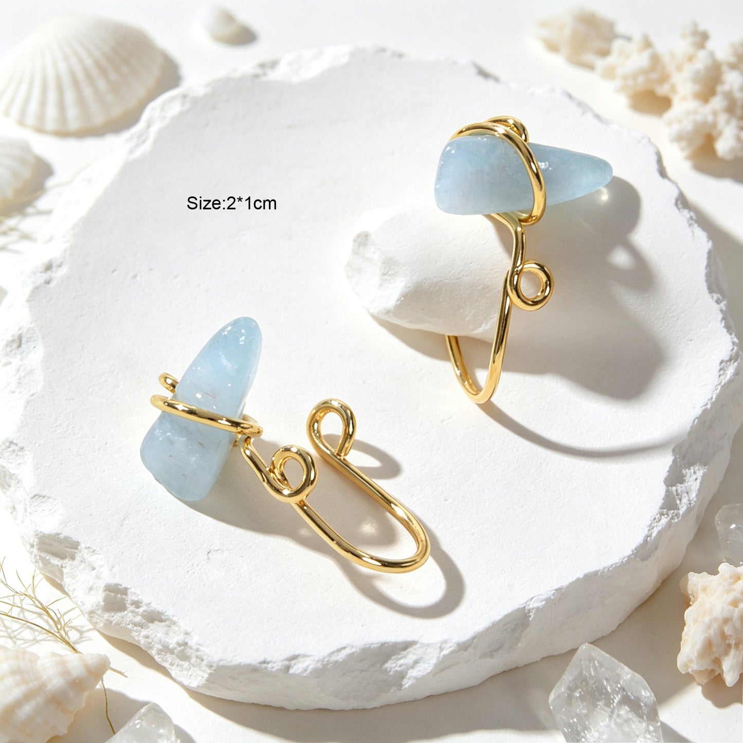 2PCS Gold Ear Cuff Blue Stone Simple Summer Beach Non-Pierced Ear Clip Earrings