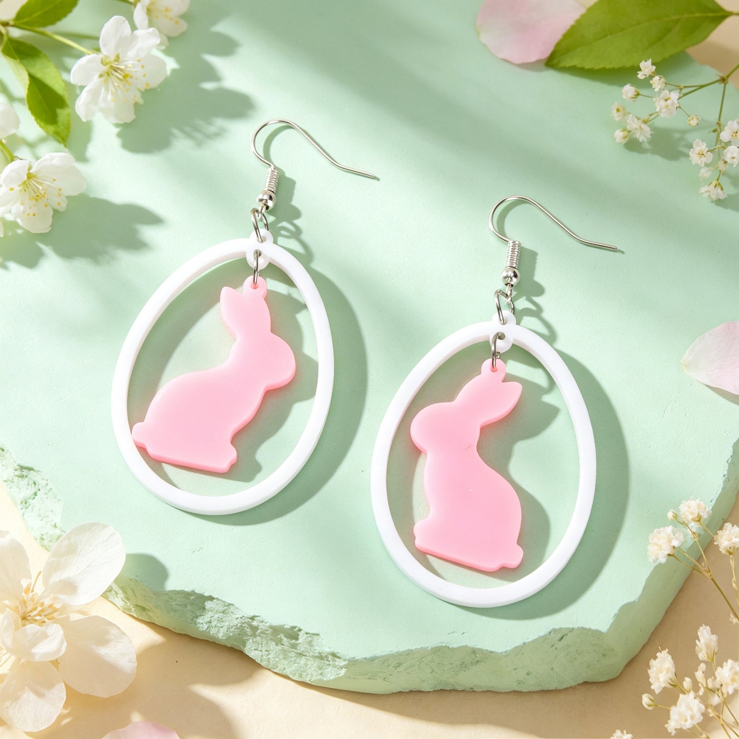 Cute Pink Rabbit Acrylic Dangle Earrings White Oval Frame Easter Beach Sweet Accessories
