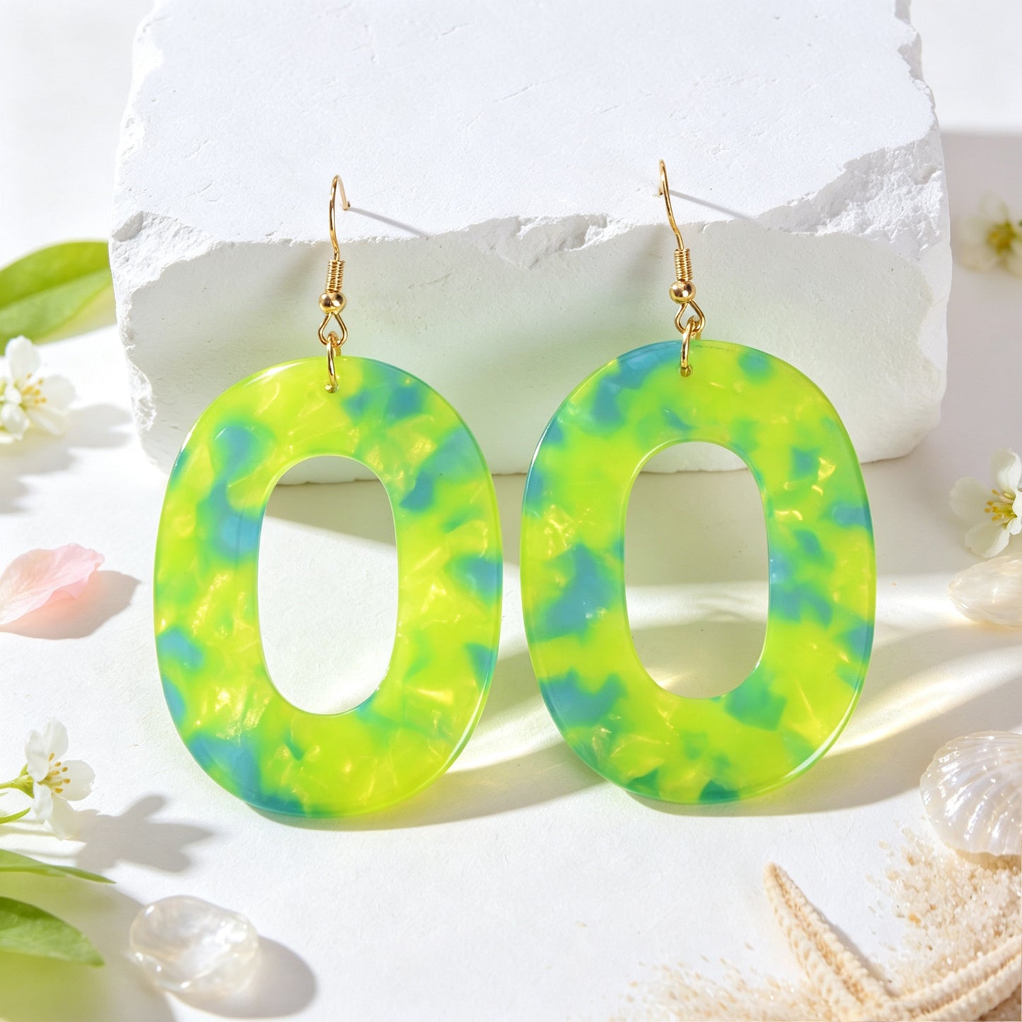 Boho Green Marble Grain Hollow Geometric Acrylic Dangle Earrings Beach Holiday Pool Party Jewelry