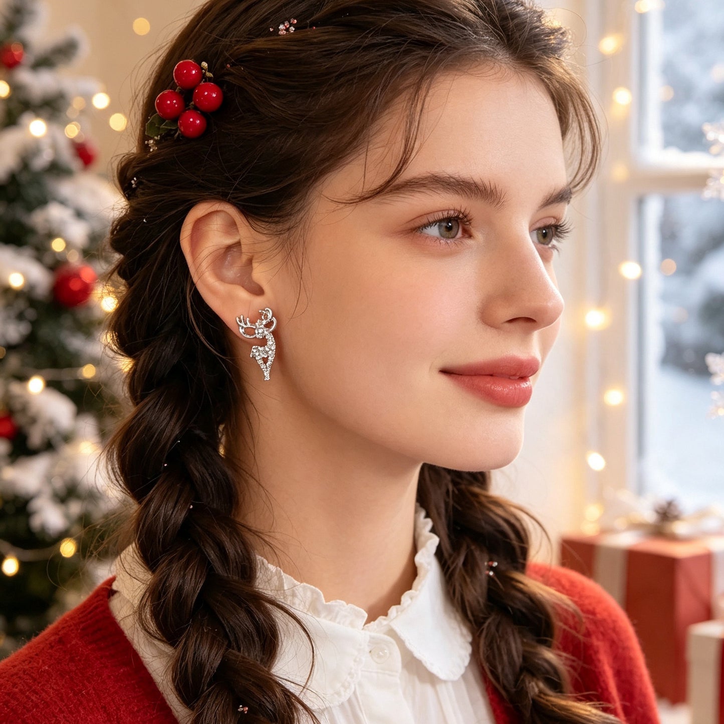 Sparkling Rhinestone Silver Reindeer Stud Earring Christmas Xmas Fashion Jewelry