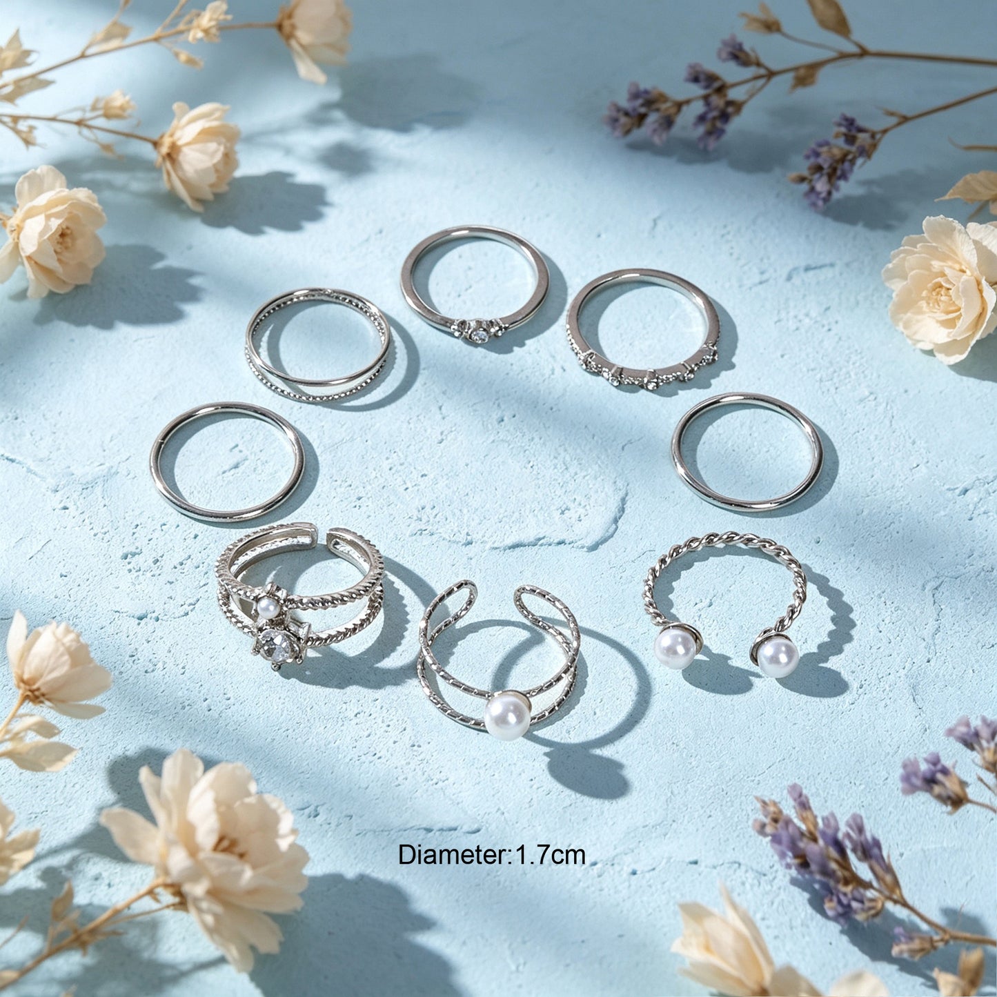 8pcs Stackable Rings Set Elegant Silver Pearl Crystal Fashion Statement Jewelry