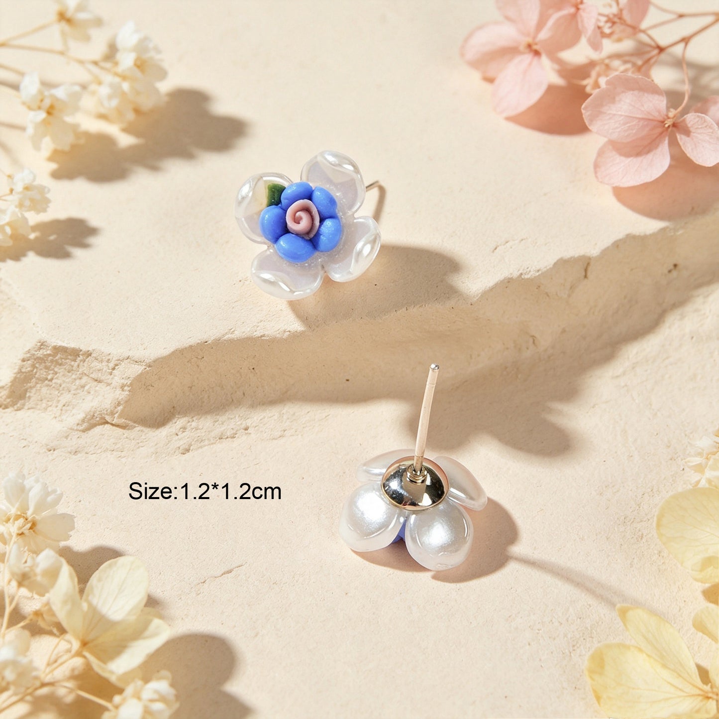 Cute Small Flower Stud Earrings White Blue Resin Petal Design Romantic Daily Dating Jewelry