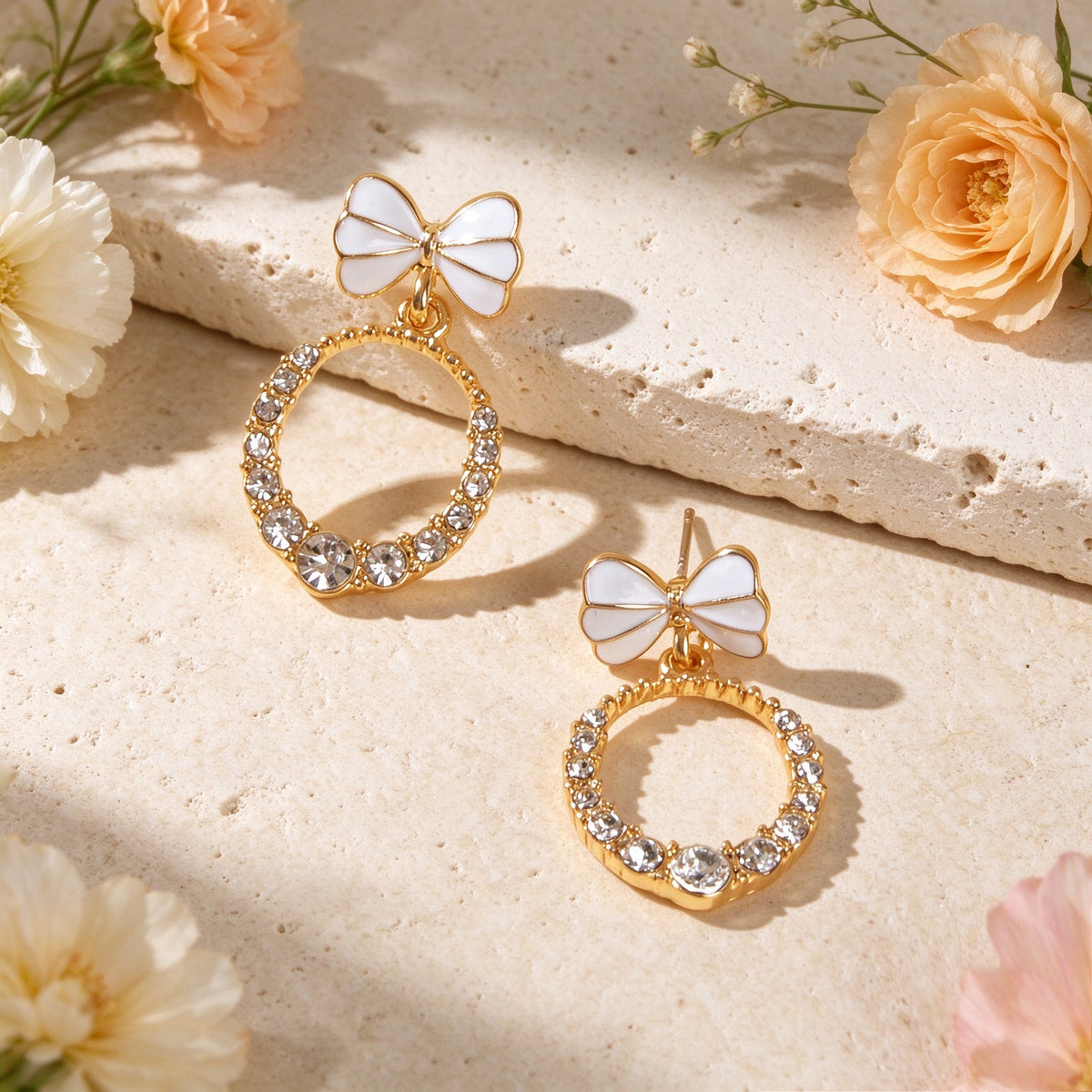 Sweet White Bow Sparkling Faux Crystal Circle Drop Earrings Elegant Jewelry Gift