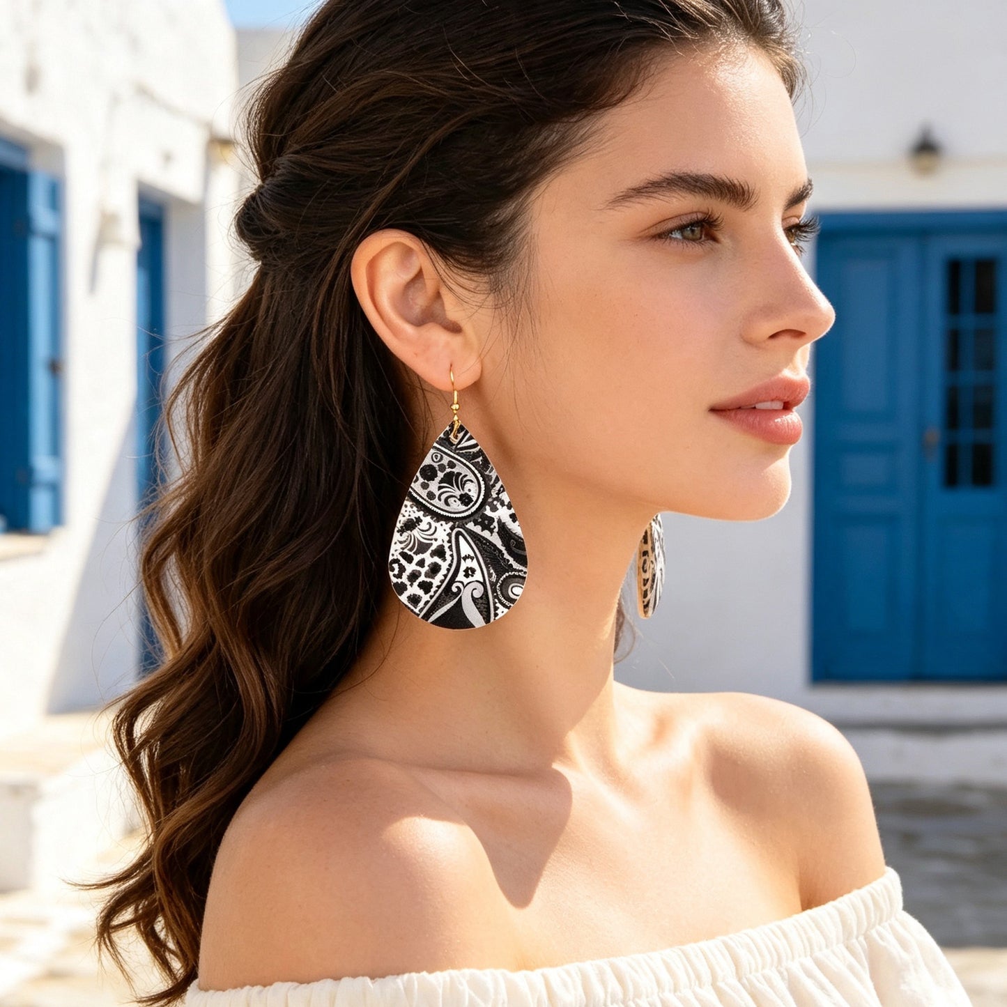Boho Black White Paisley Pattern Water Drop PU Leather Dangle Earrings Beach Vacation Jewelry