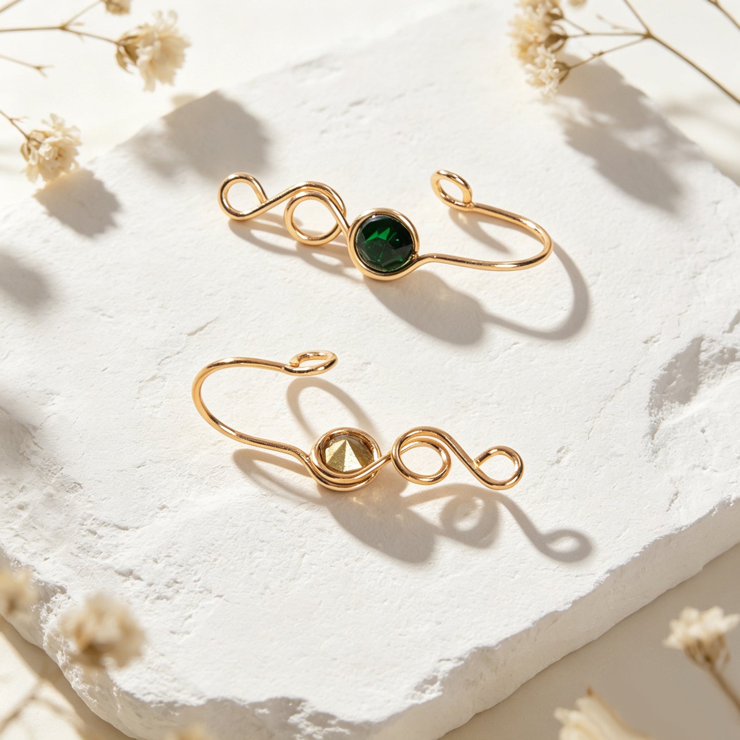 2pcs Vintage Green Imitation Crystal Spiral Clip On Earring Non Pierced Ear Cuff