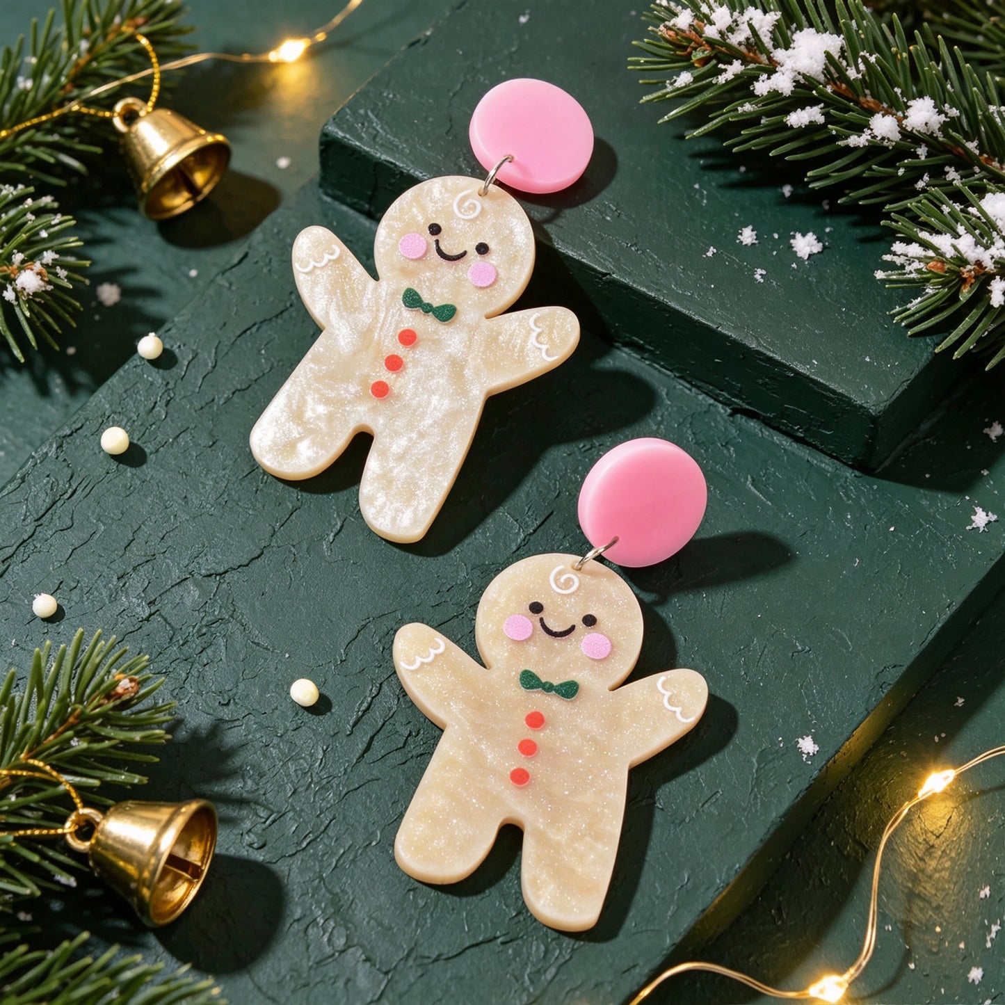 Cream Glitter Gingerbread Man Christmas Drop Earrings Festive Party Jewelry Gift