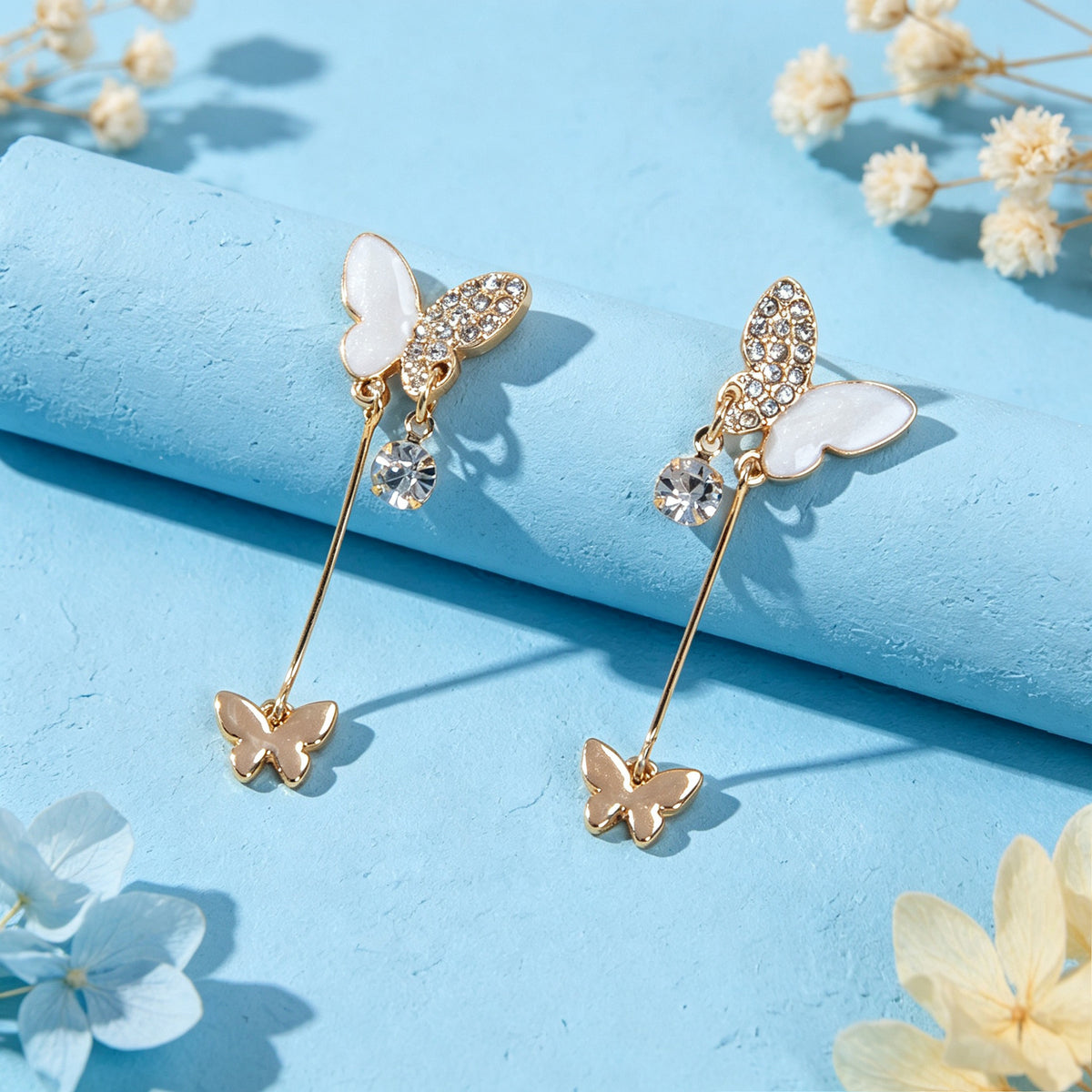White Enamel Rhinestone Butterfly Pendant Earrings Dainty Gifts for Women Teens
