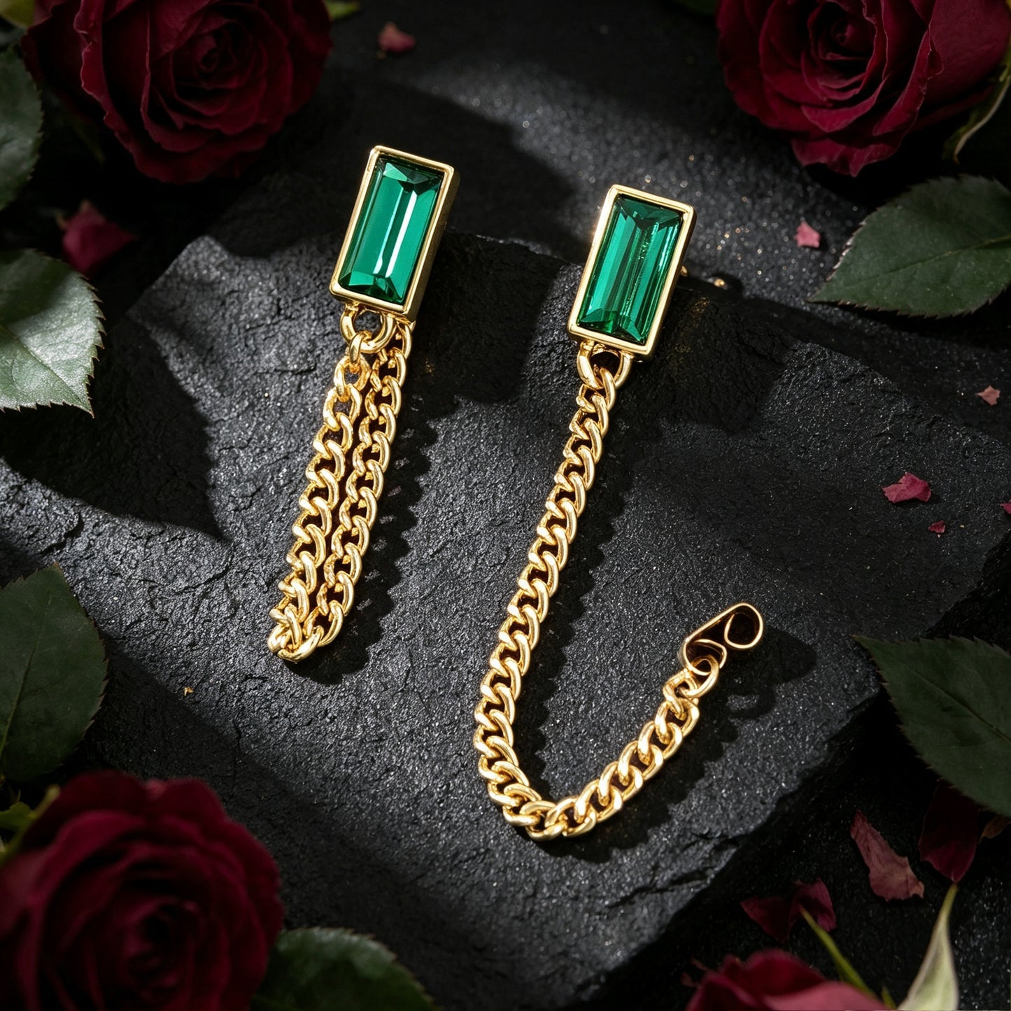 Gold Tone Chain Green Square Drop Dangle Earrings Ear Jacket Tassel Stud Jewelry