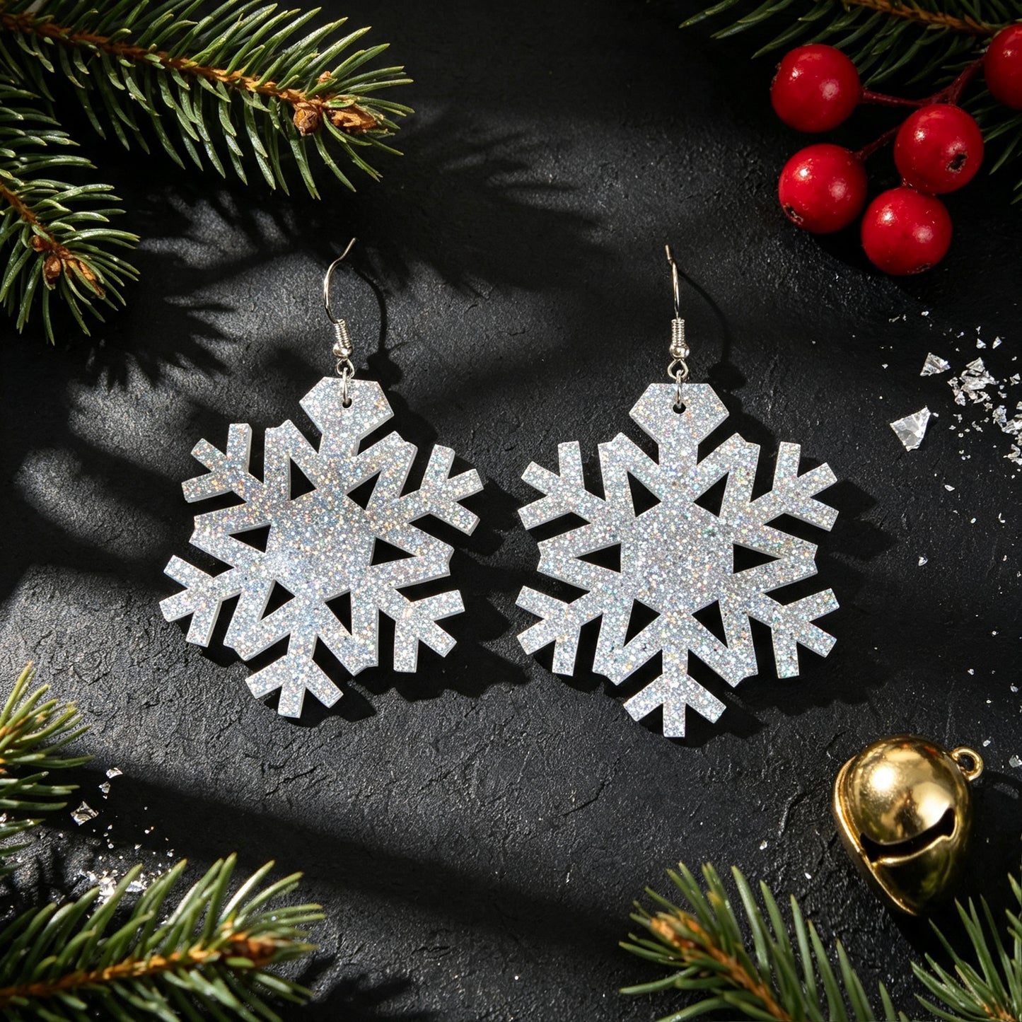 Christmas Silver Snowflake Dangle Hook Earrings Winter Holiday Party Jewellery