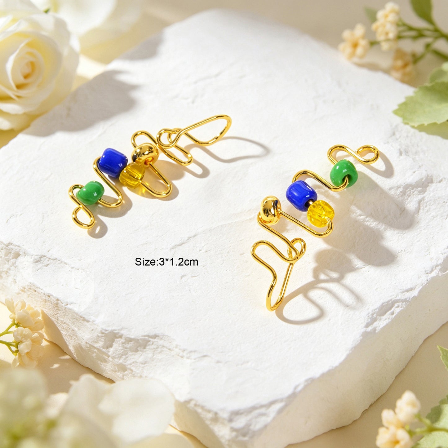 2pcs Wavy Gold Ear Cuff No Piercing Summer Rainbow Bead Ear Wrap Clip On Earring