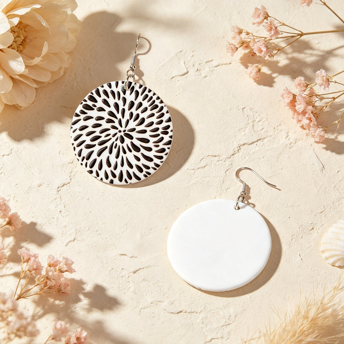 Black White Floral Pattern Lightweight Acrylic Round Geometric Earrings Retro Vacation Jewelry