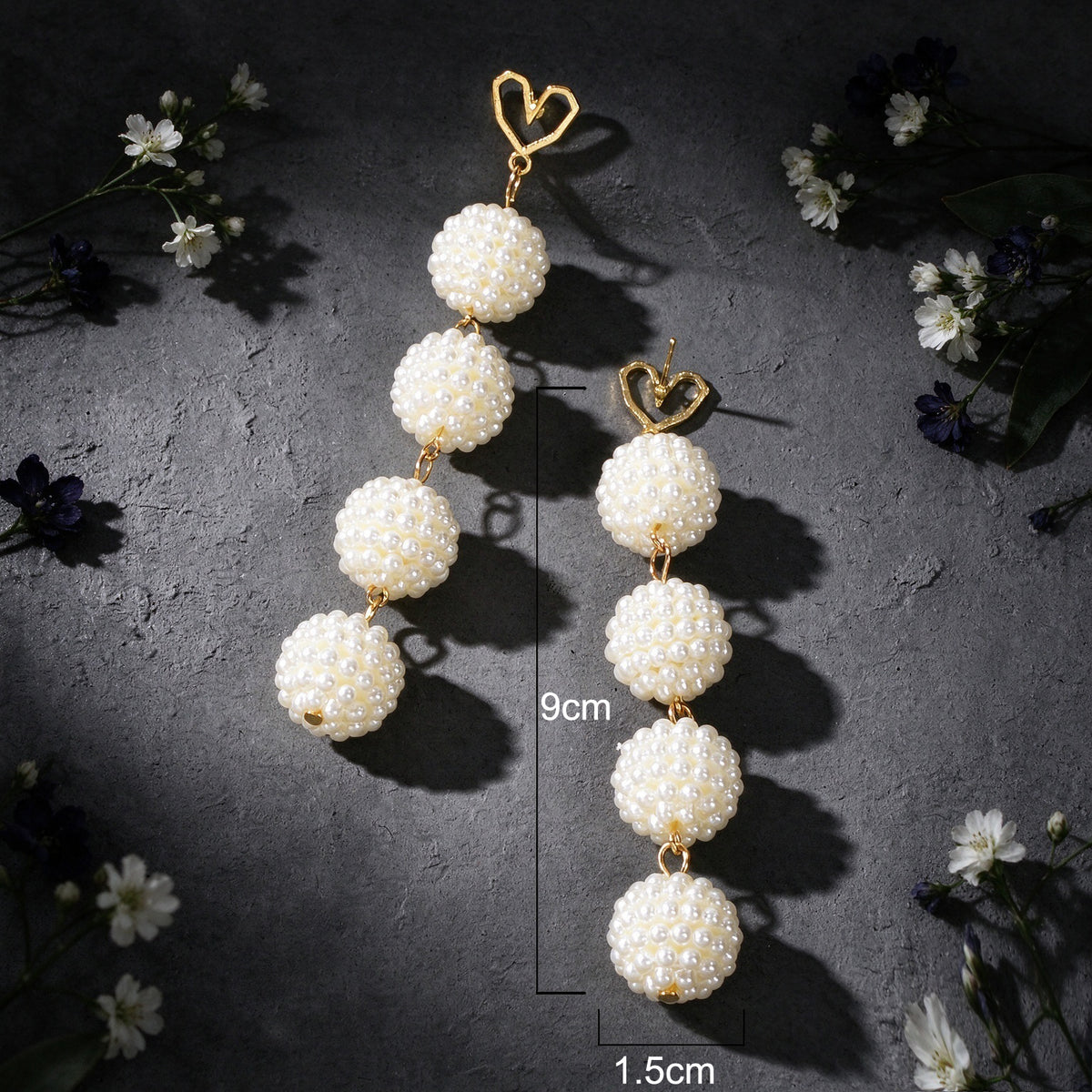 Wedding Bridal Party Gold Heart Stud Long Imitation Pearl Ball Dangle Earrings