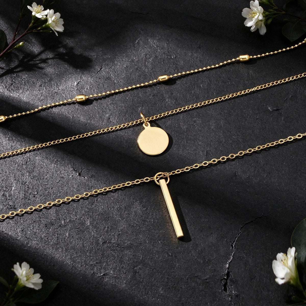 3pcs Minimalist Gold Layered Necklace Beads Disc Bar Decor Daily Party Jewellery