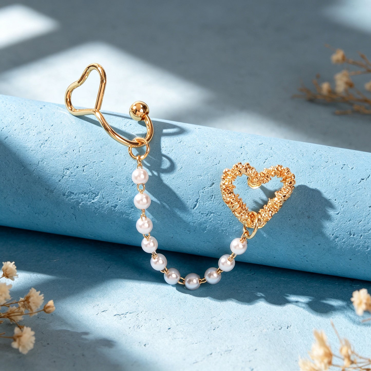 1 pc Gold Heart Imitation Pearl Chain Ear Cuff Climber Earring Romantic Dating Jewelry Festival Gift