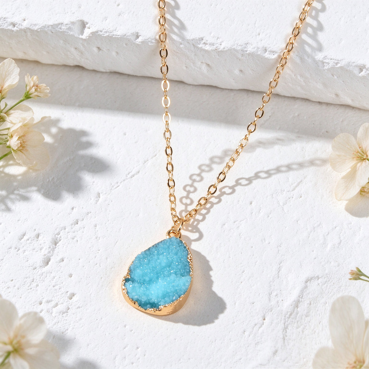 Boho Chic Flower Cluster Water Drop Pendant Necklace Gold Chain Vacation Jewelry