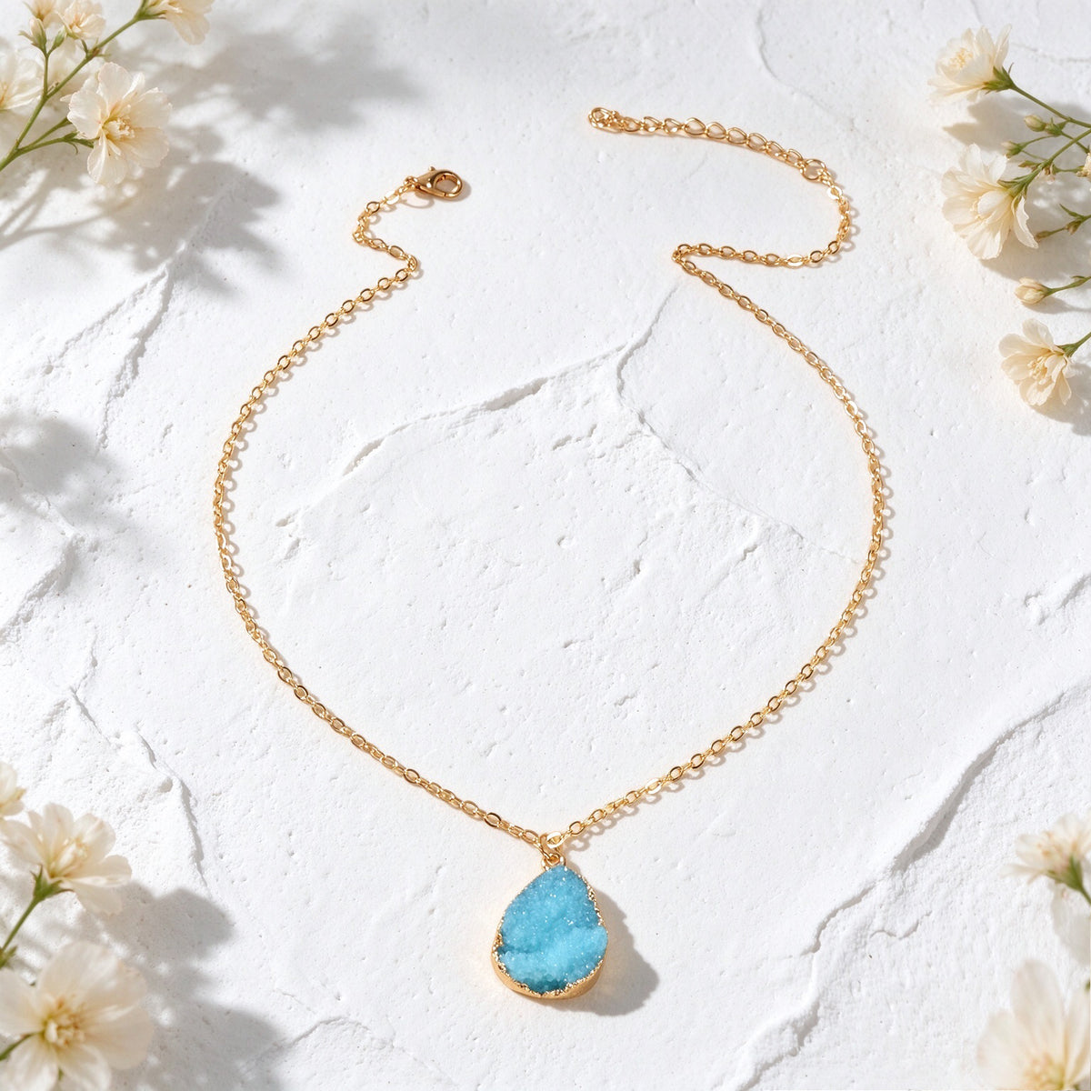Boho Chic Flower Cluster Water Drop Pendant Necklace Gold Chain Vacation Jewelry