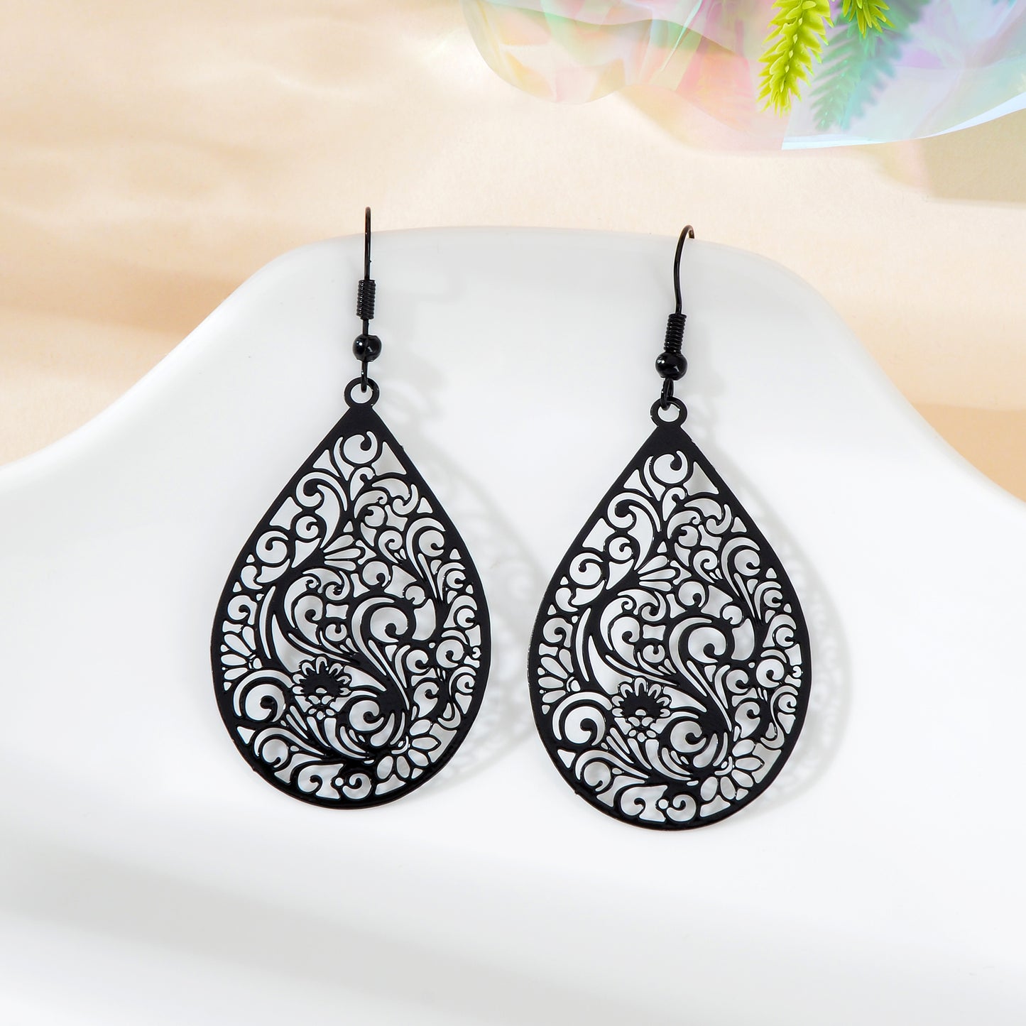 Retro Hollow Black Flower Pattern Water Drop Earrings Party Daily Prom Jewelry