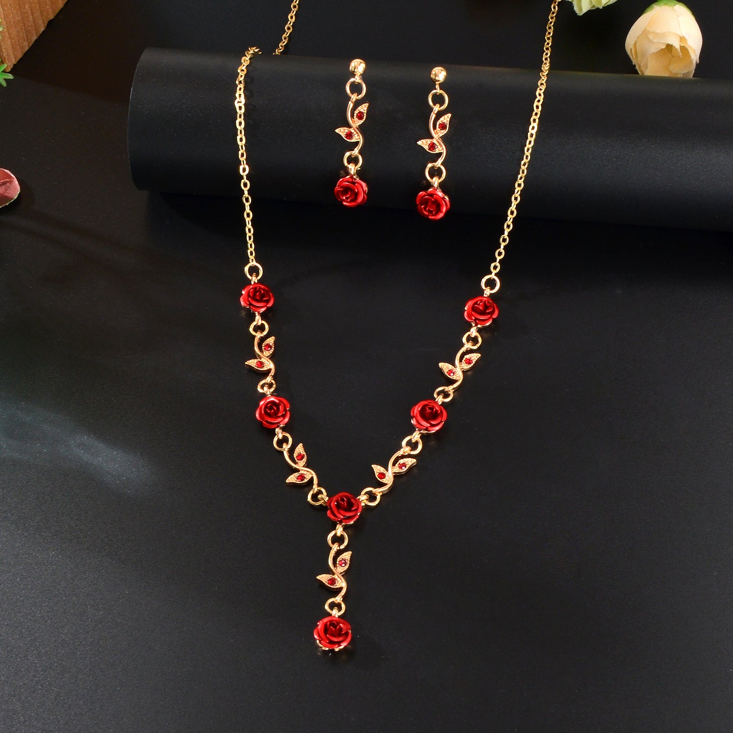 Golden Leaf Red Hot Pink Flower Pendant Necklace Dangle Earrings Jewellery set