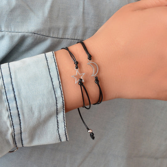 2 pcs Adjustable Black Braided Rope Silver Moon Star Couple Friendship Bracelet
