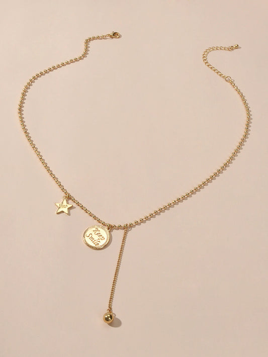Dainty Party Jewellery Gold Popcorn Chain Luck Letter Star Round Charm Necklace