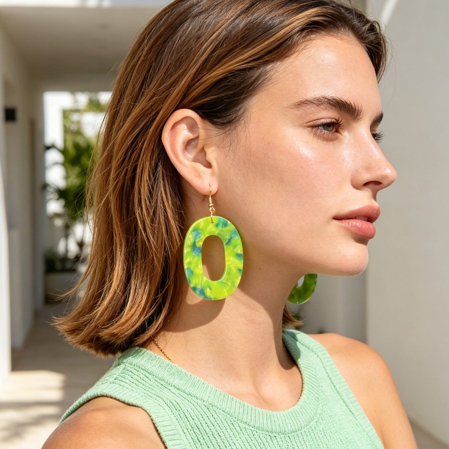Boho Green Marble Grain Hollow Geometric Acrylic Dangle Earrings Beach Holiday Pool Party Jewelry
