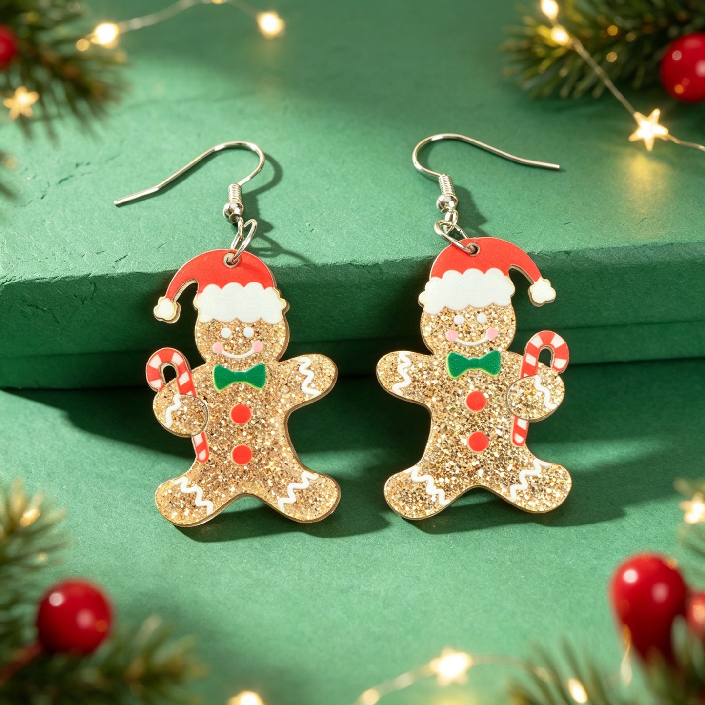 Christmas Cute Sparkly Gingerbread Man Dangle Earrings Holiday Party Jewelry Gift