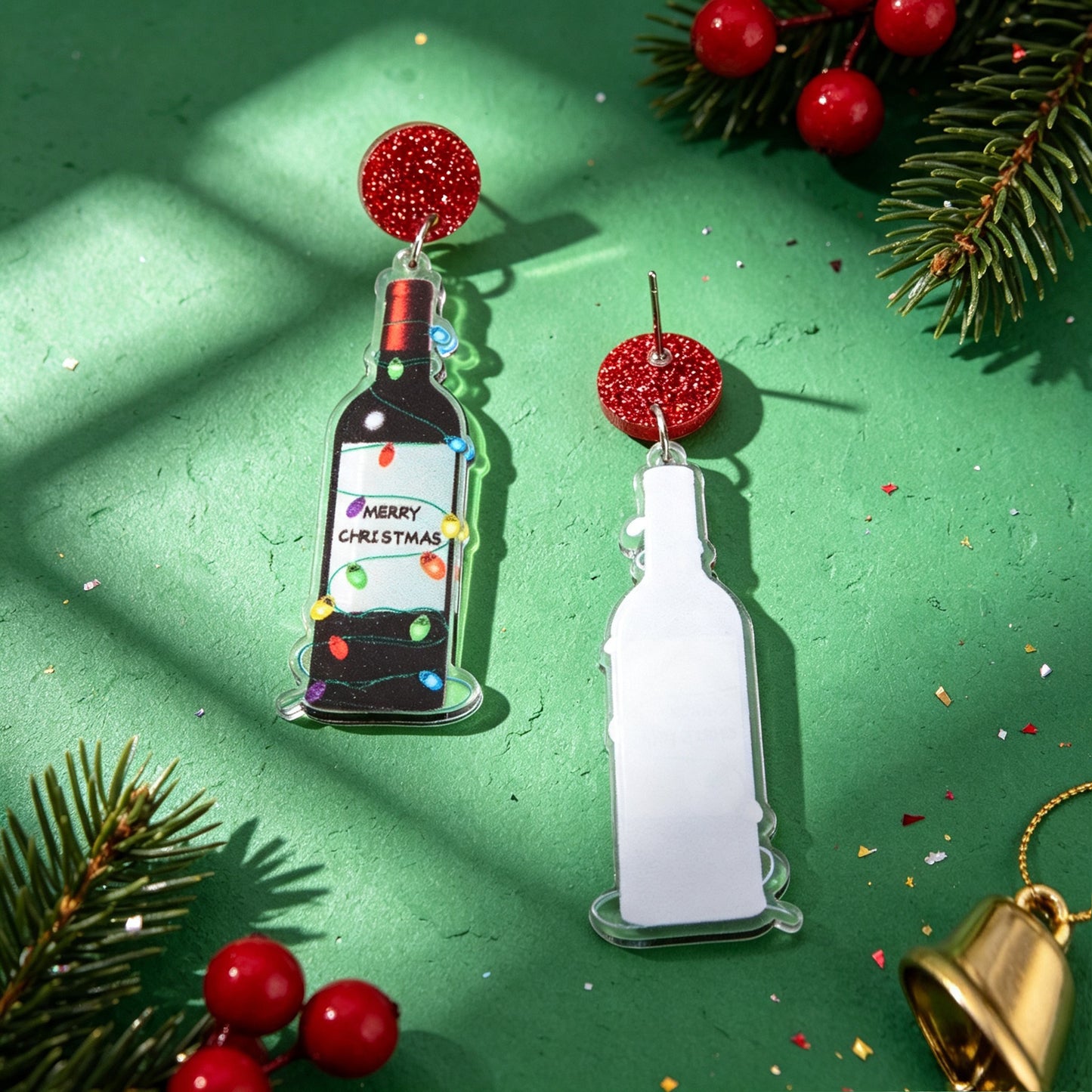 Novelty Christmas Red Disk Wine Bottle Dangle Earring Acrylic Xmas Party Jewelry
