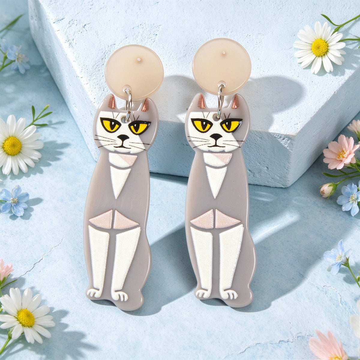 Novelty Long Grey Cat Acrylic Dangle Earrings Gothic Retro Unique Animal Jewelry