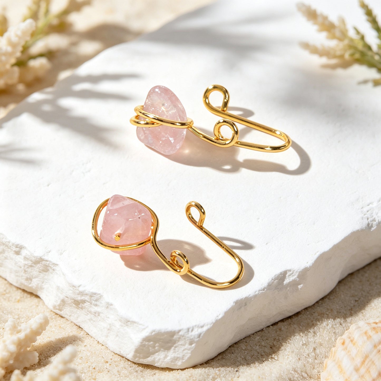 2pcs Boho Pink Stone Clip‑On Ear Cuffs Gold No Piercing Earrings Simple Jewelry