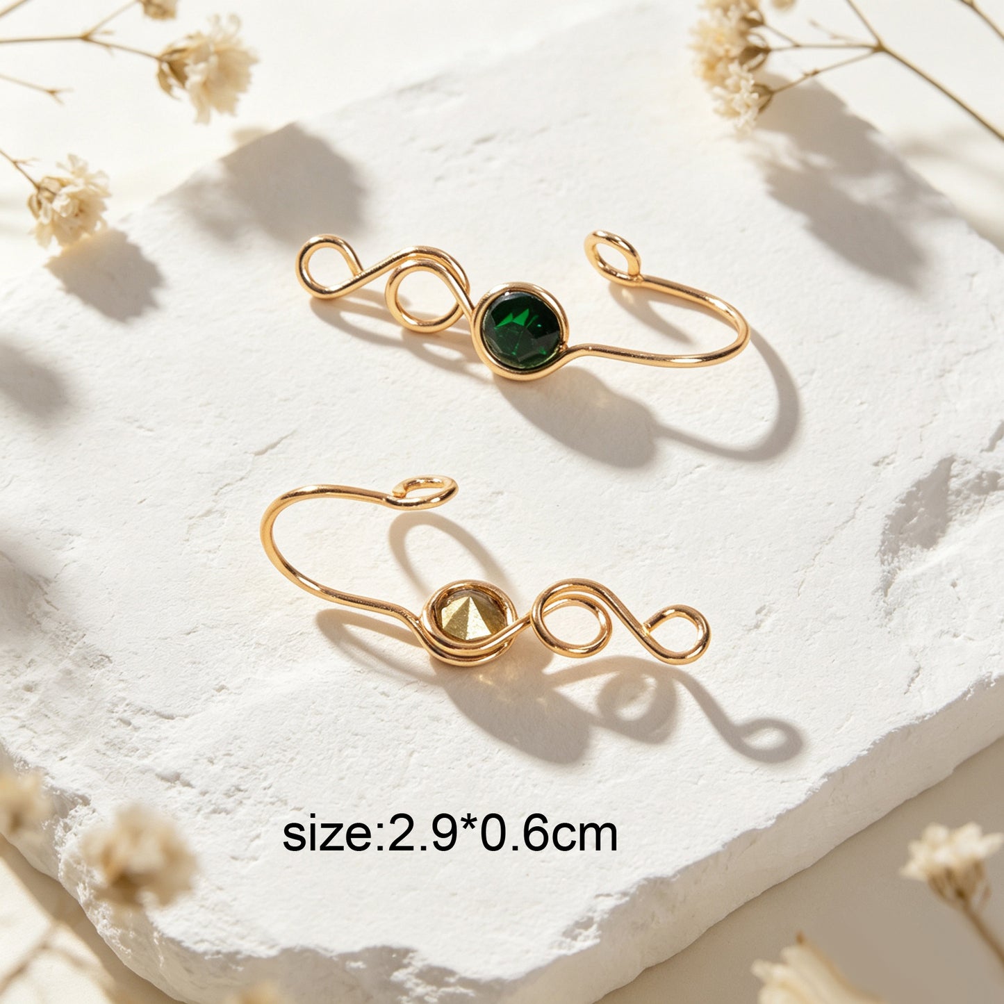 2pcs Vintage Green Imitation Crystal Spiral Clip On Earring Non Pierced Ear Cuff
