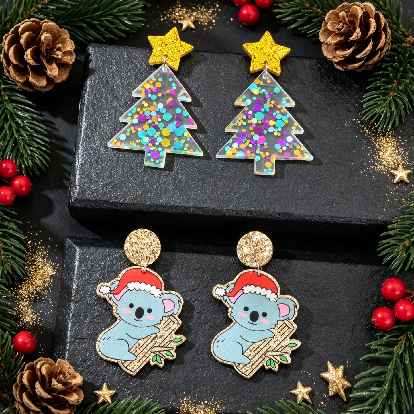 2 pairs Cartoon Christmas Tree Koala Drop Earrings Lovely Holiday Party Jewelry