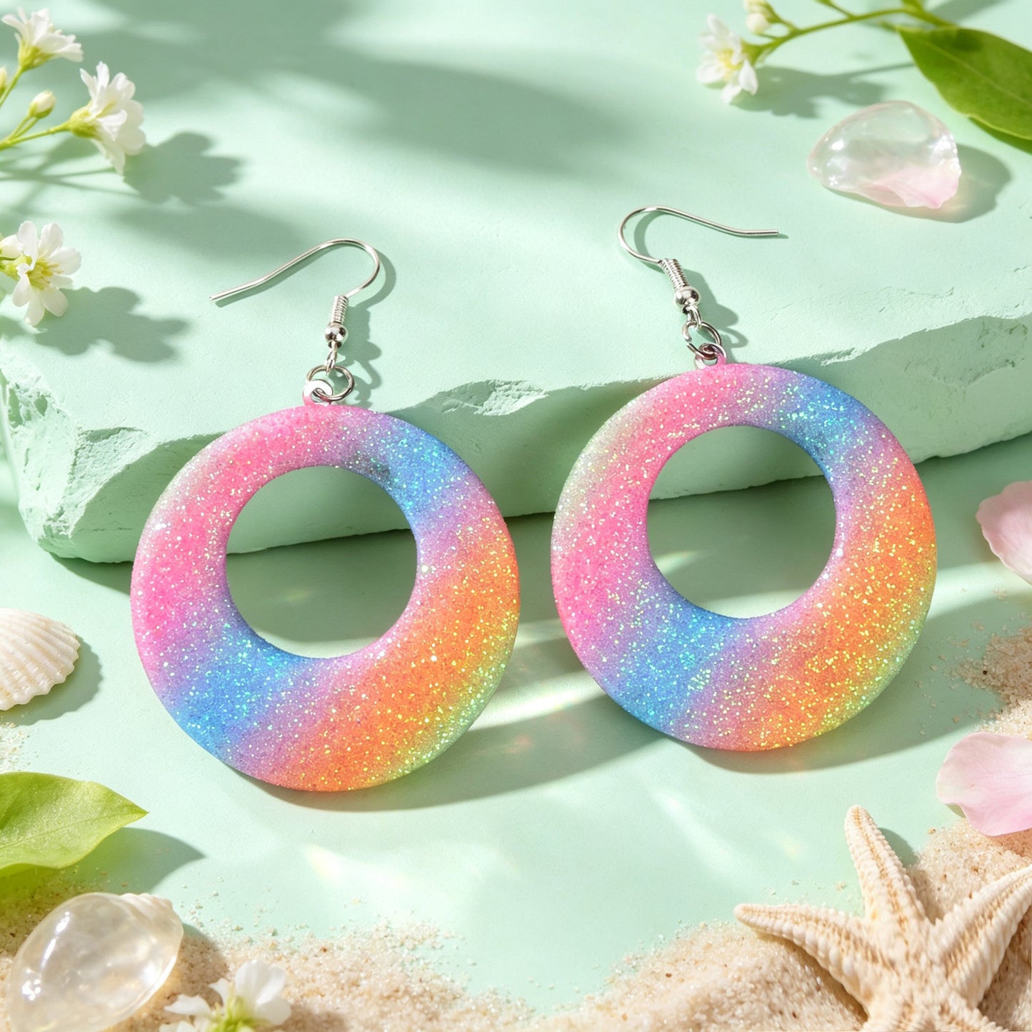Rainbow Gradient Glitter Hollow Circle Geometric Dangle Earrings Y2K Summer Beach Vacation Party Jewelry