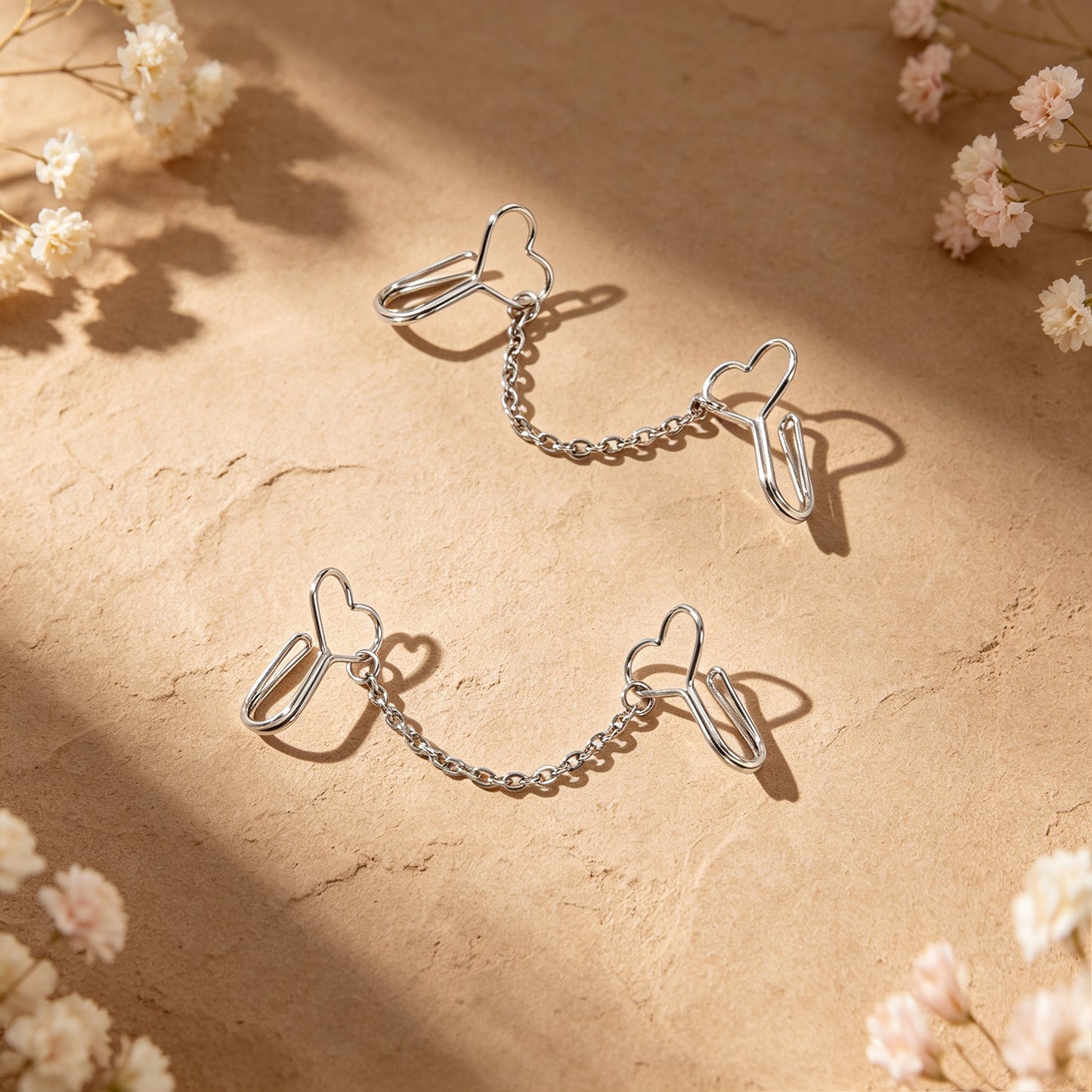 2pcs Heart Silver Chain Clip‑on Ear Cuffs No Piercing Fashion Vintage Earrings