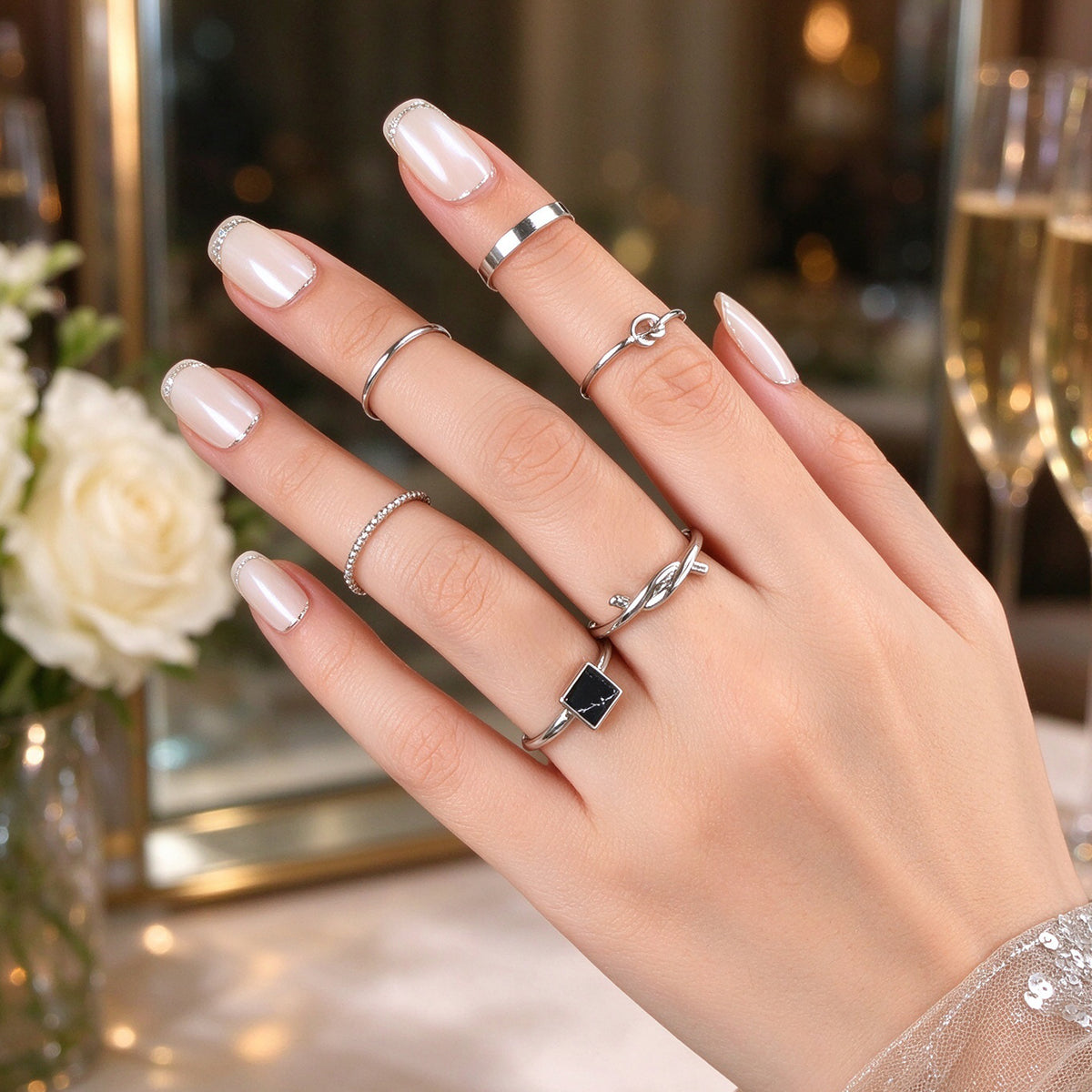 6pcs Minimalist Black Square Geometric Silver Gold Stackable Knotted Finger Ring