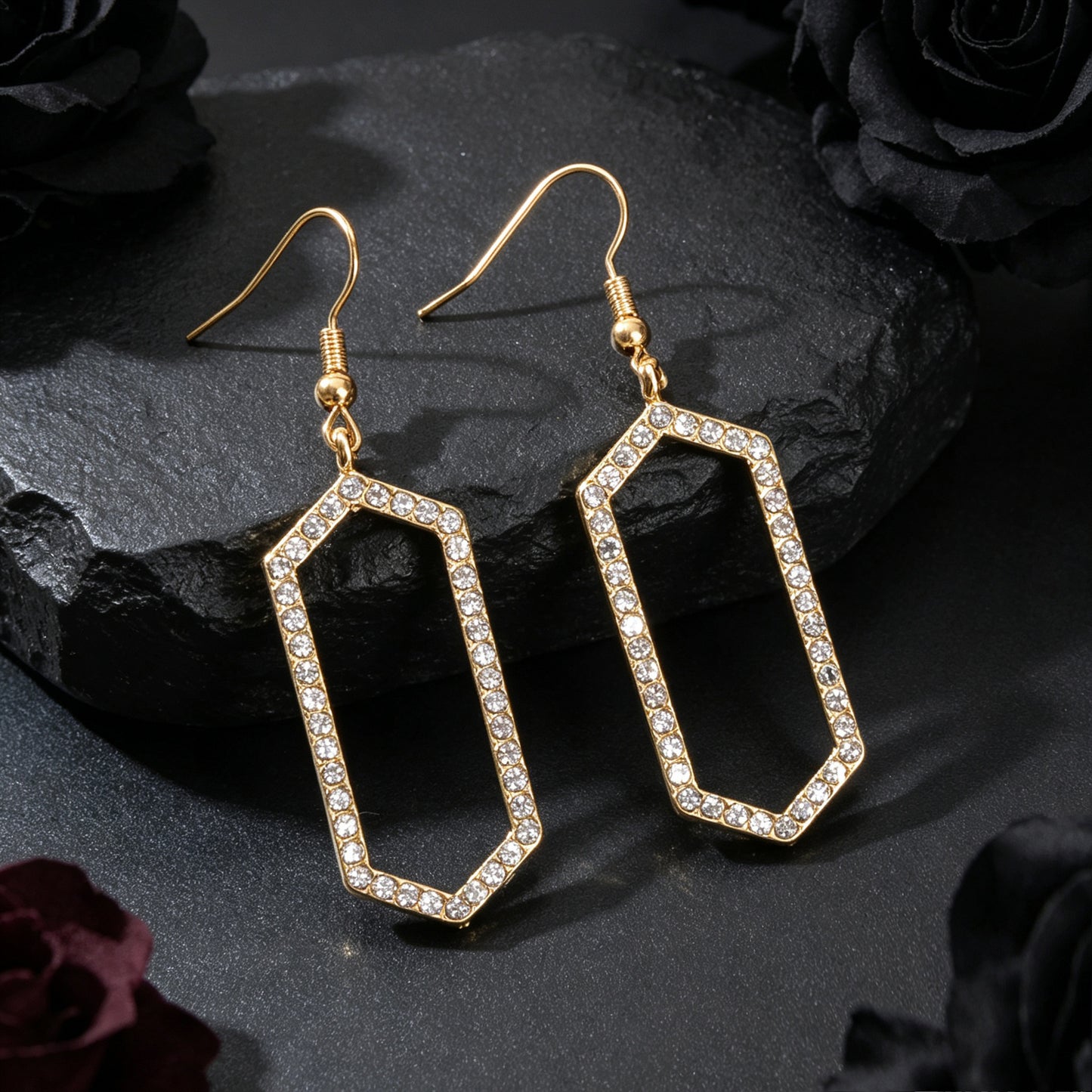 Sparkling Gold Hexagon Geometric Dangle Earrings Luxurious Banquet Party Jewelry