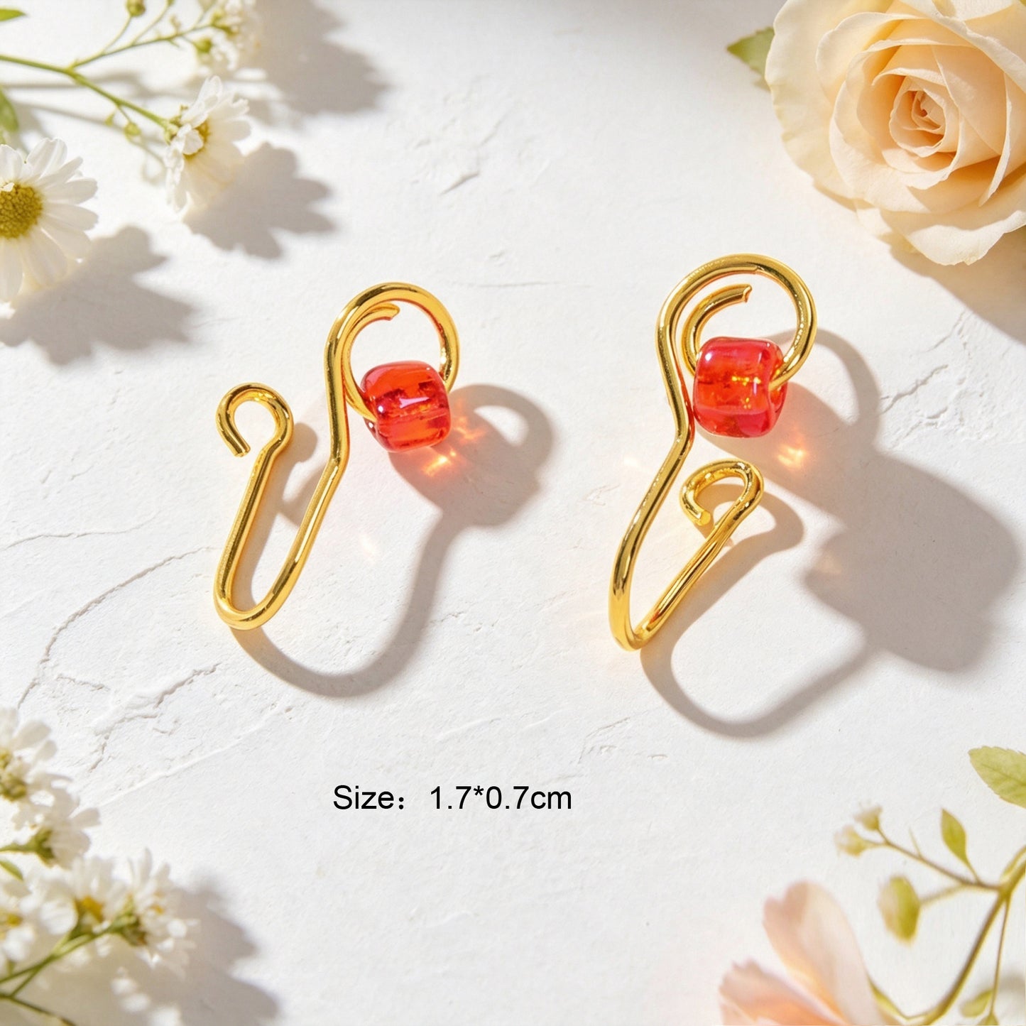 2pcs Summer Beach Vacation Red Bead Ear Cuffs No Piercing Gold Minimal Ear Clips