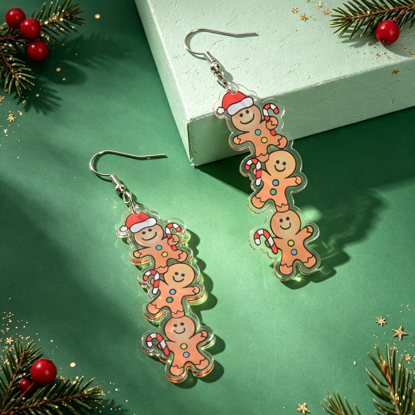 Lovely Xmas Stacked Gingerbread Man Acrylic Dangle Earrings Cartoon Festival Party Accessories Gift