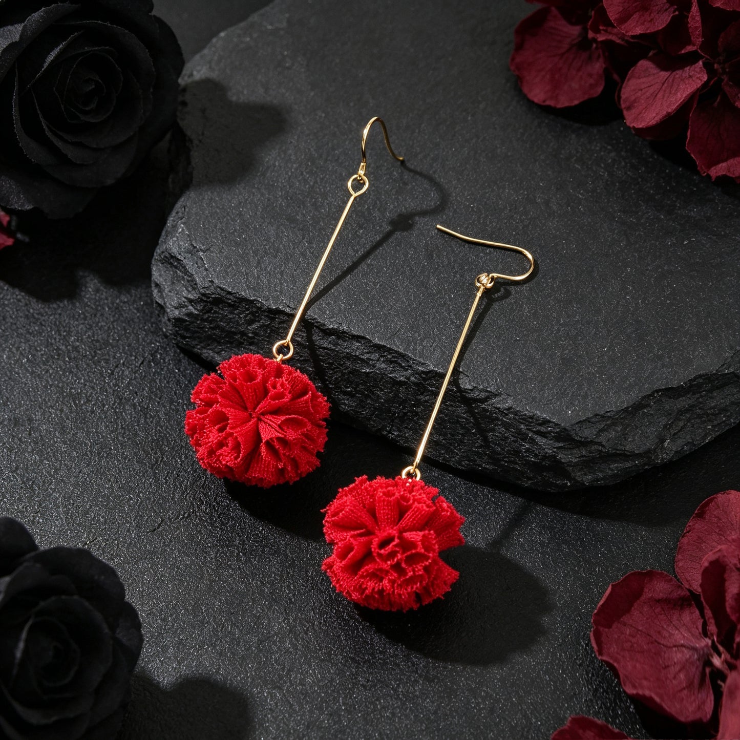 Romantic Red Fabric Flower Long Dangle Earrings Wedding Festival Party Jewelry