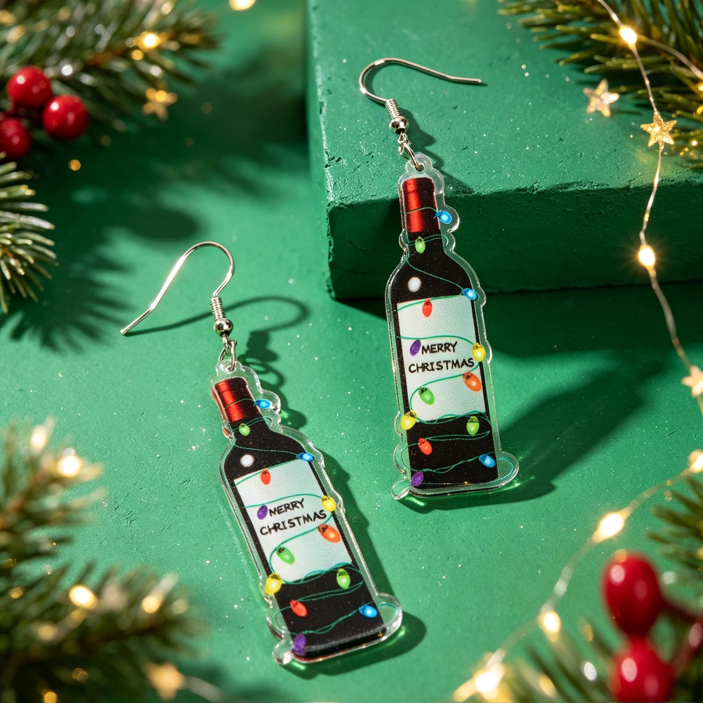 Colorful Light Decor Wine Bottle Dangle Earrings Christmas Festival Party Bar Fashion Jewelry