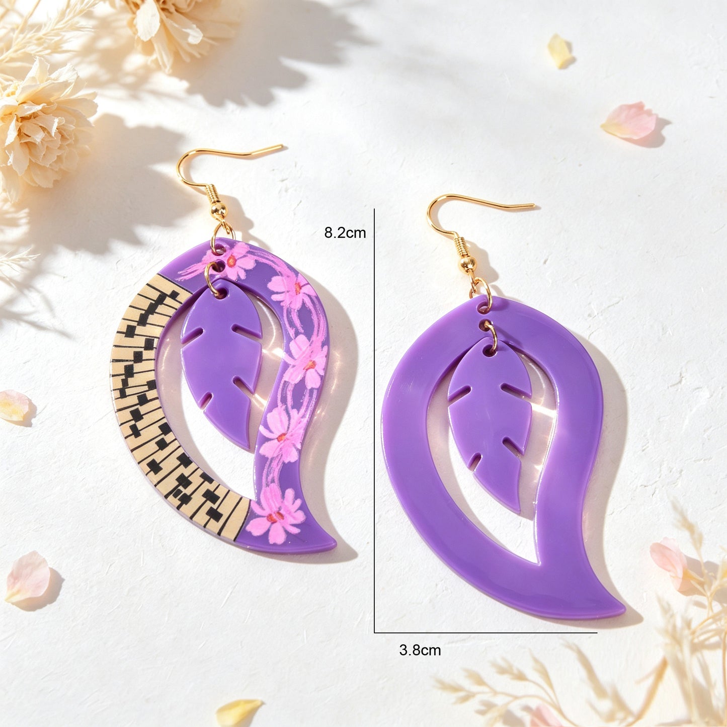 Boho Piano Key Floral Pattern Purple Acrylic Leaf Dangle Earrings Party Vacation Photoshoot Jewelry