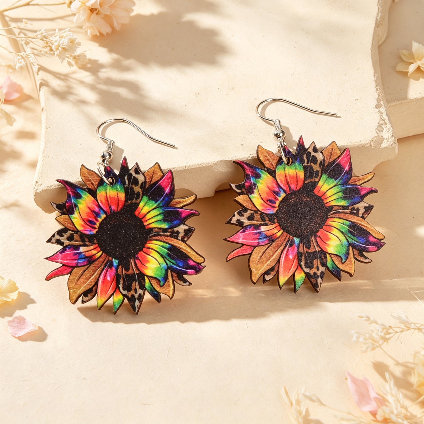Boho Colorful Sunflower Wooden Dangle Earrings Beach Vacation Party Photoshoot Jewelry