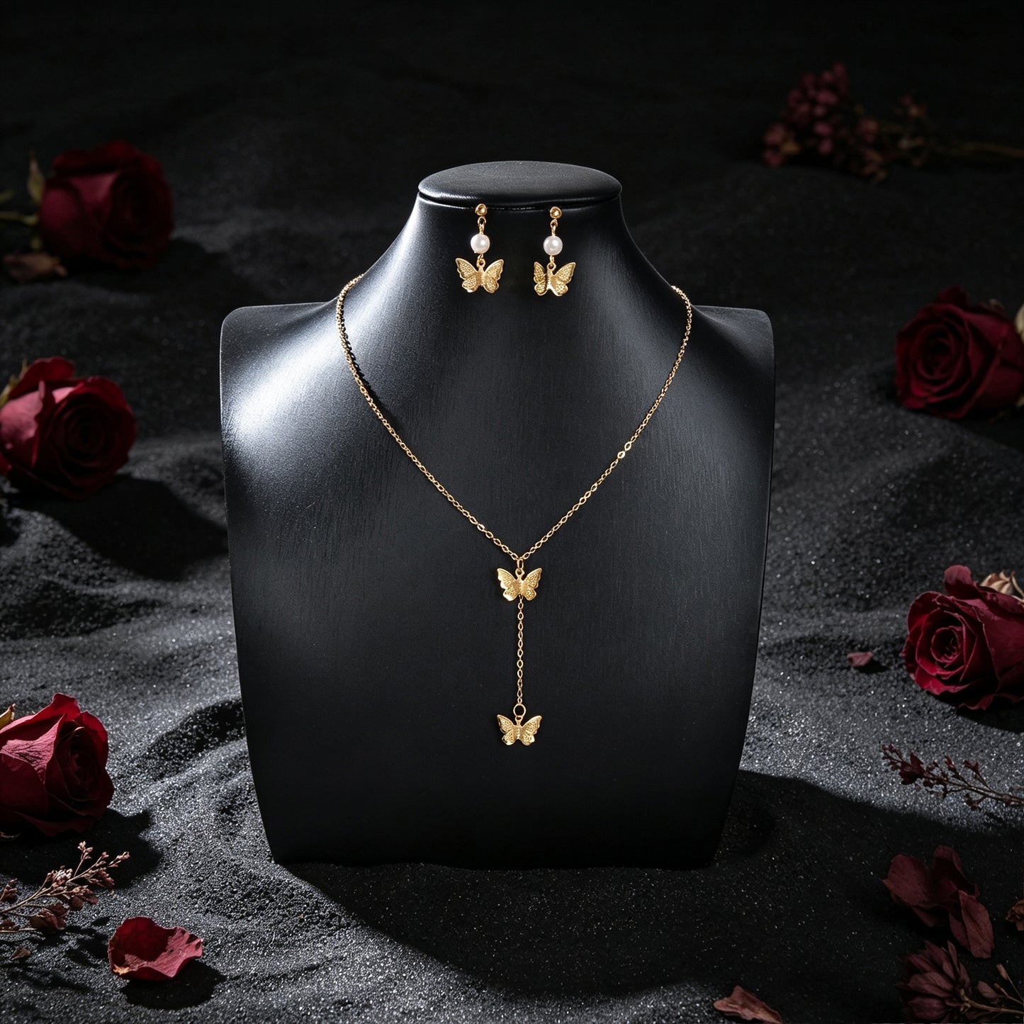 Gold Butterfly Set Y Drop Necklace Pearl Dangle Earrings Wedding Party Accessory