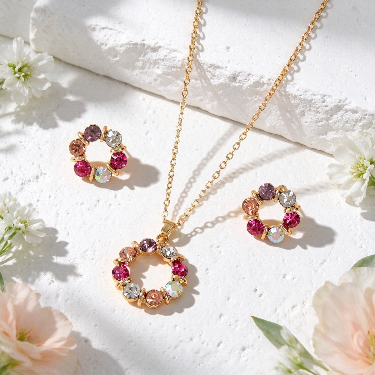 Glitter Flower Stud Earrings Pendant Necklace Jewellery Set Wedding Accessories